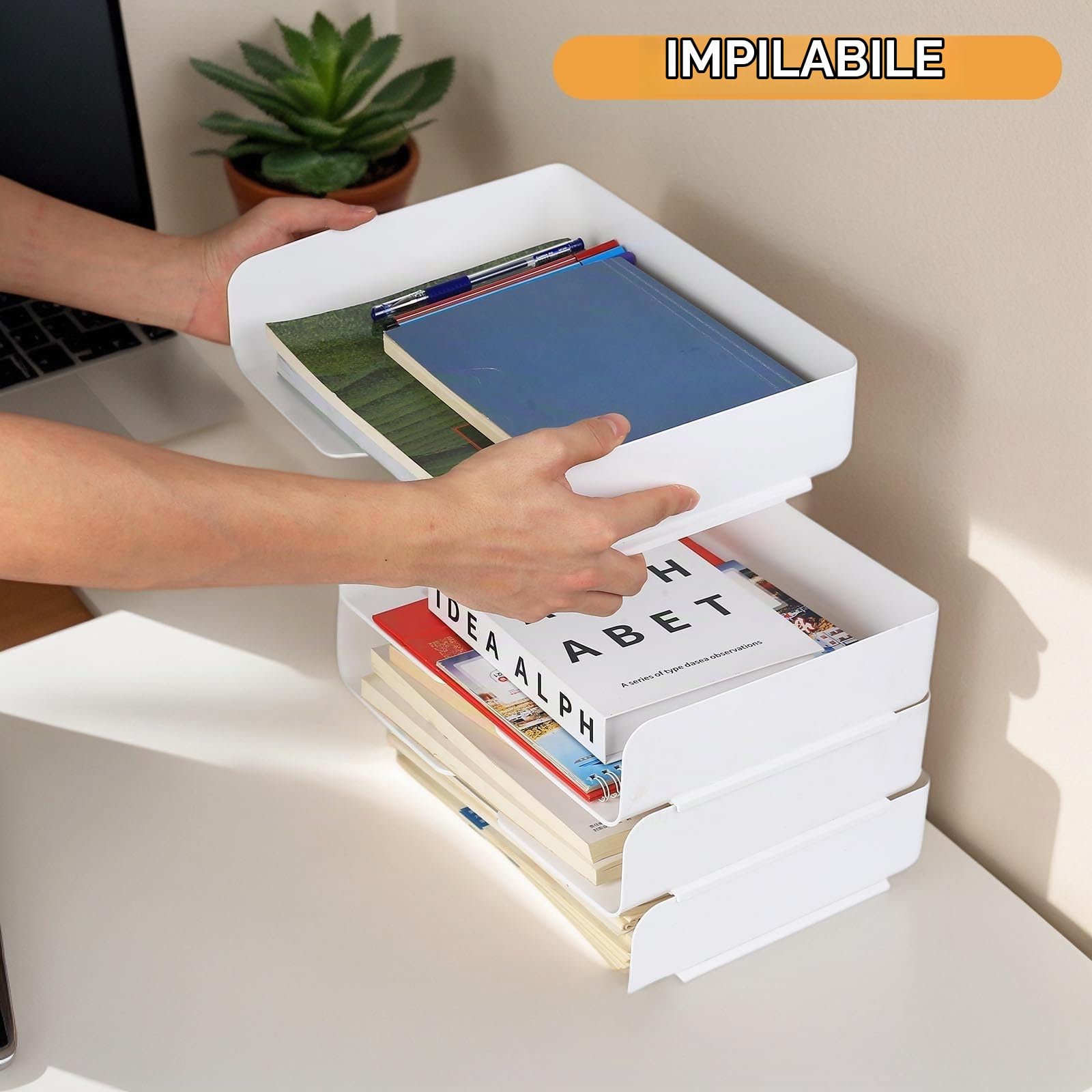 4 Pz Vaschetta Porta Documenti Ufficio Scrivania, Vaschetta Portadocumenti da Scrivania Impilabili Bianca per Organizer Documenti Lettere Porta Fogli (33 x 25 x 7 cm)