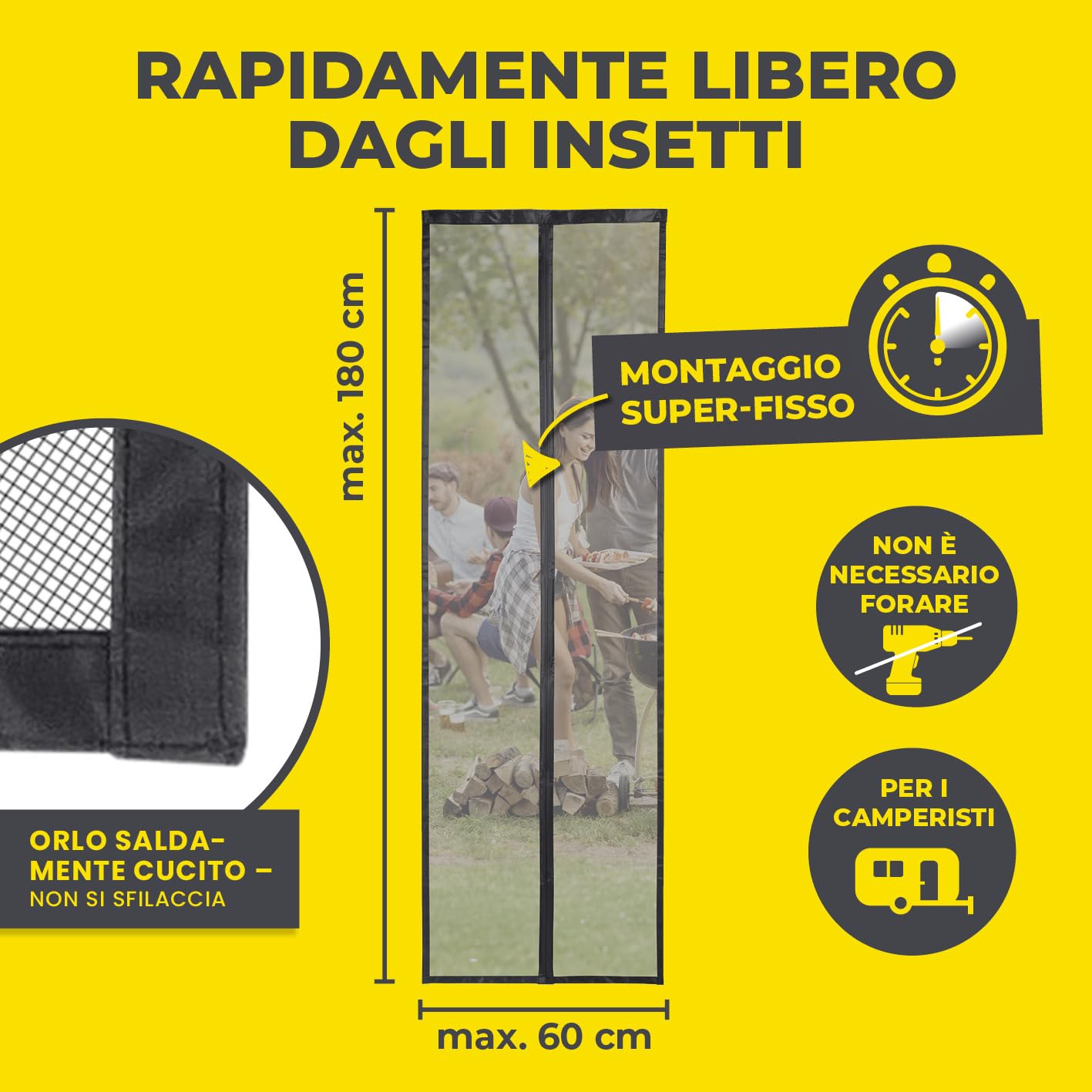 EASYmaxx Zanzariera per carrello da campeggio, 60 x 180 cm, protezione XXL porta magnetica, chiusura automatica