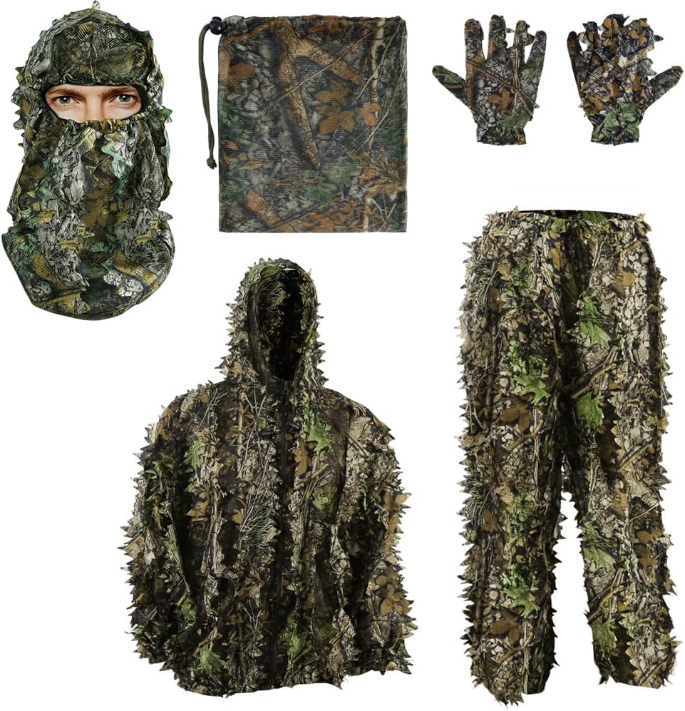 PELLOR 5PCS Ghillie Suit, 3D Leaf Camouflage Uniform Gilly Suit, Mask, Gloves, Storage Bag Set, Suitable for Outdoor Hunting, Wildlife Photography, CS Game PELLOR 5PCS Ghillie Suit, 3D Leaf Camouflage Uniform Gilly Suit, Mask, Gloves, Storage Bag Set, Suitable for Outdoor Hunting, Wildlife Photography, CS Game