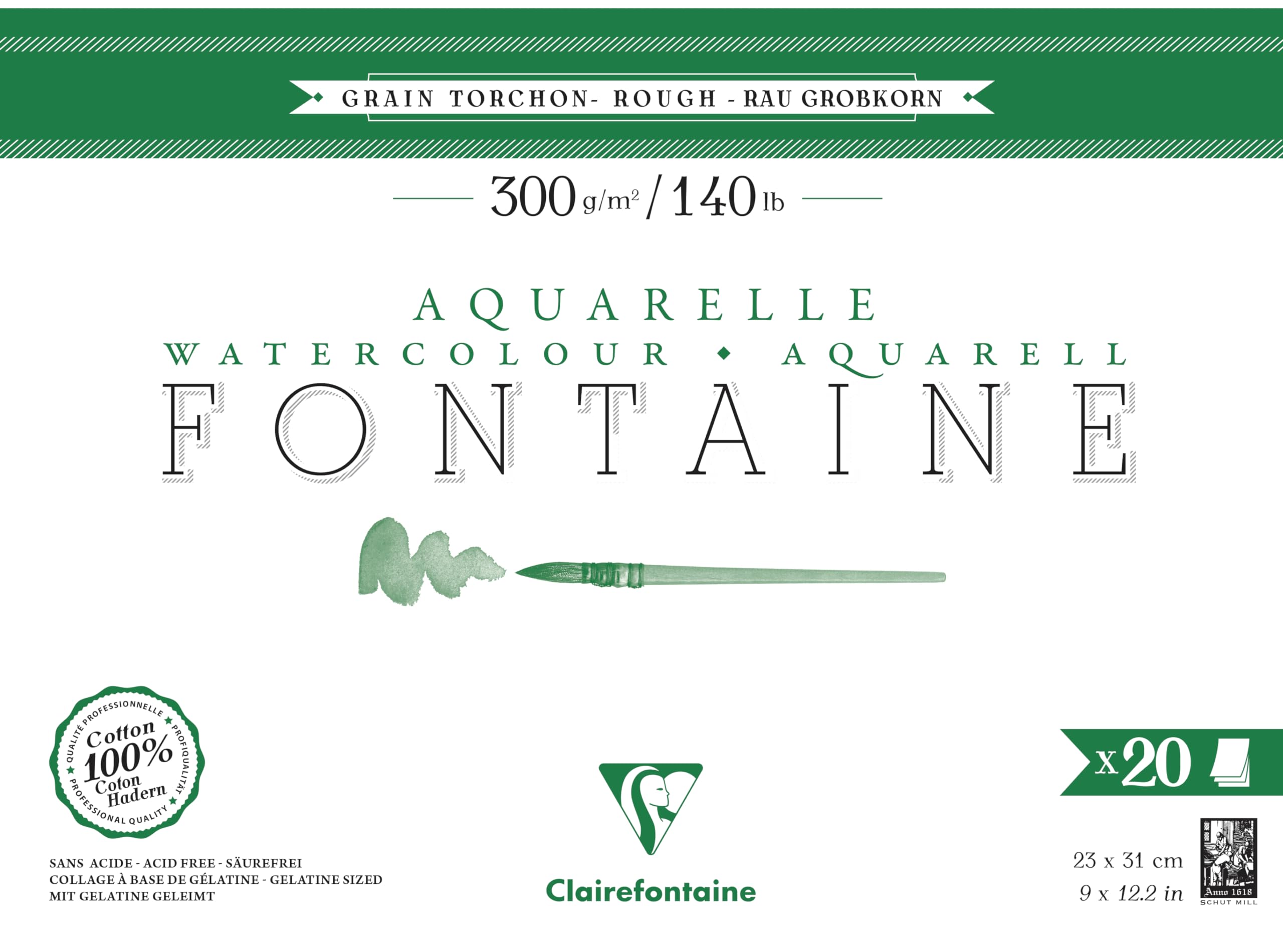 Clairefontaine 975506C Fontaine 4-Sided Glued Pad - 20 Sheets of 100% Cotton White Watercolour Paper with Torchon Grain, Professional Quality, 23x31 cm, 300g