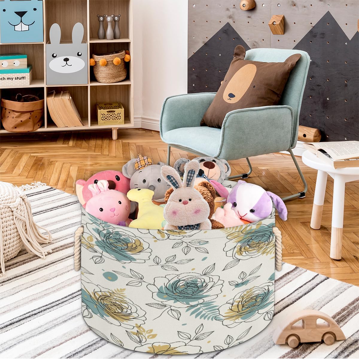 Large Storage Baskets - Rose Floral Nursery Round Collapsible Organizer Bin Box, Laundry Hamper for Kids Toys, Blanket, Bedroom Living Room Home Decor, Gift Basket, 19.4"x13.3"