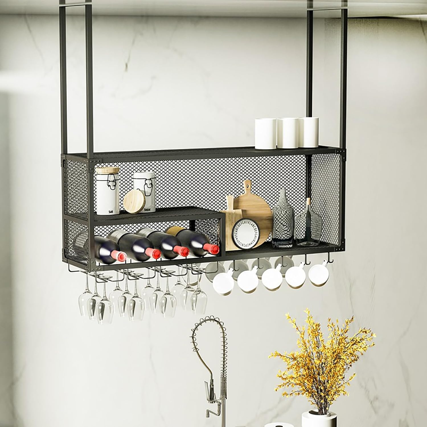 Vintage Metal Ceiling Wine Rack Hanging Wine Glass & Bottle Holder for Home Bar Decor Restaurant & Cafe Stylish Stemware Shelf Black Finish