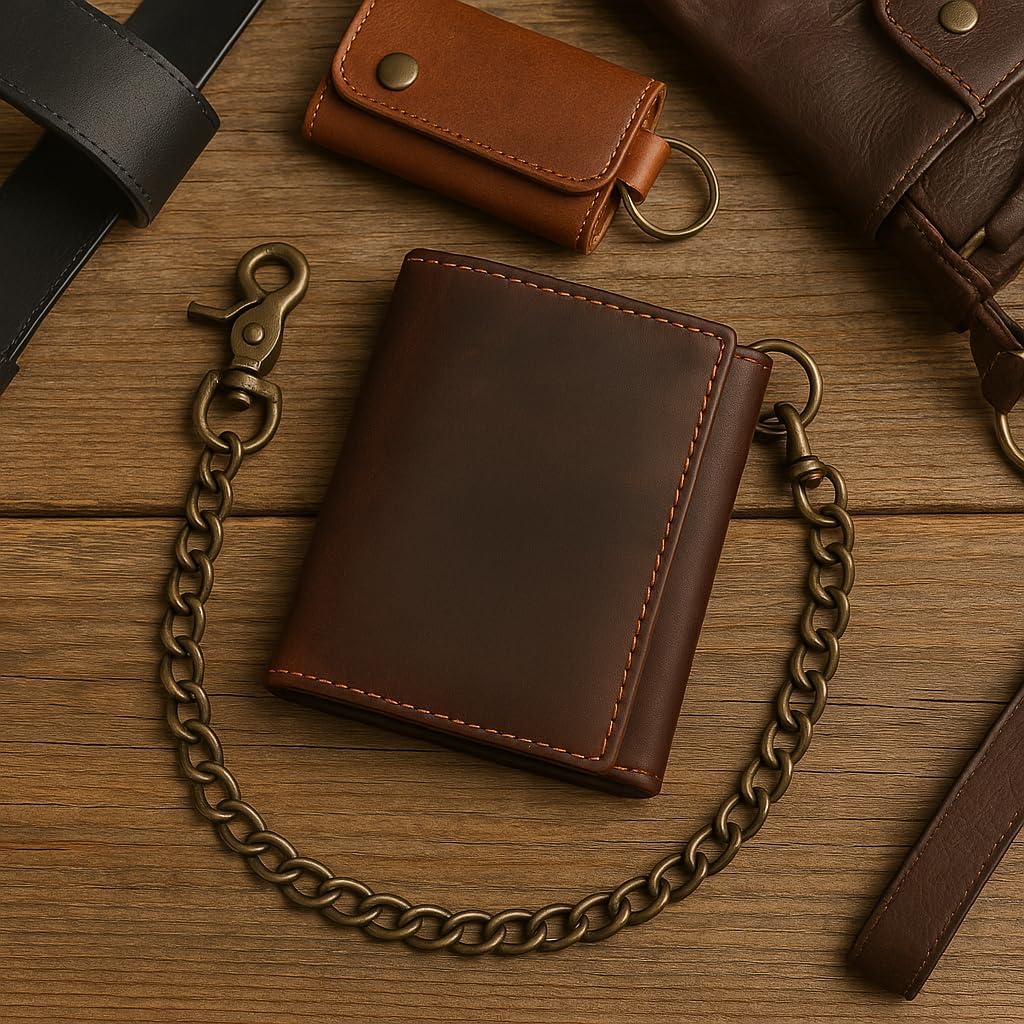 CAZORO RFID Blocking Men's Tri-fold Vintage Leather Biker Chain Wallet With Snap Closure