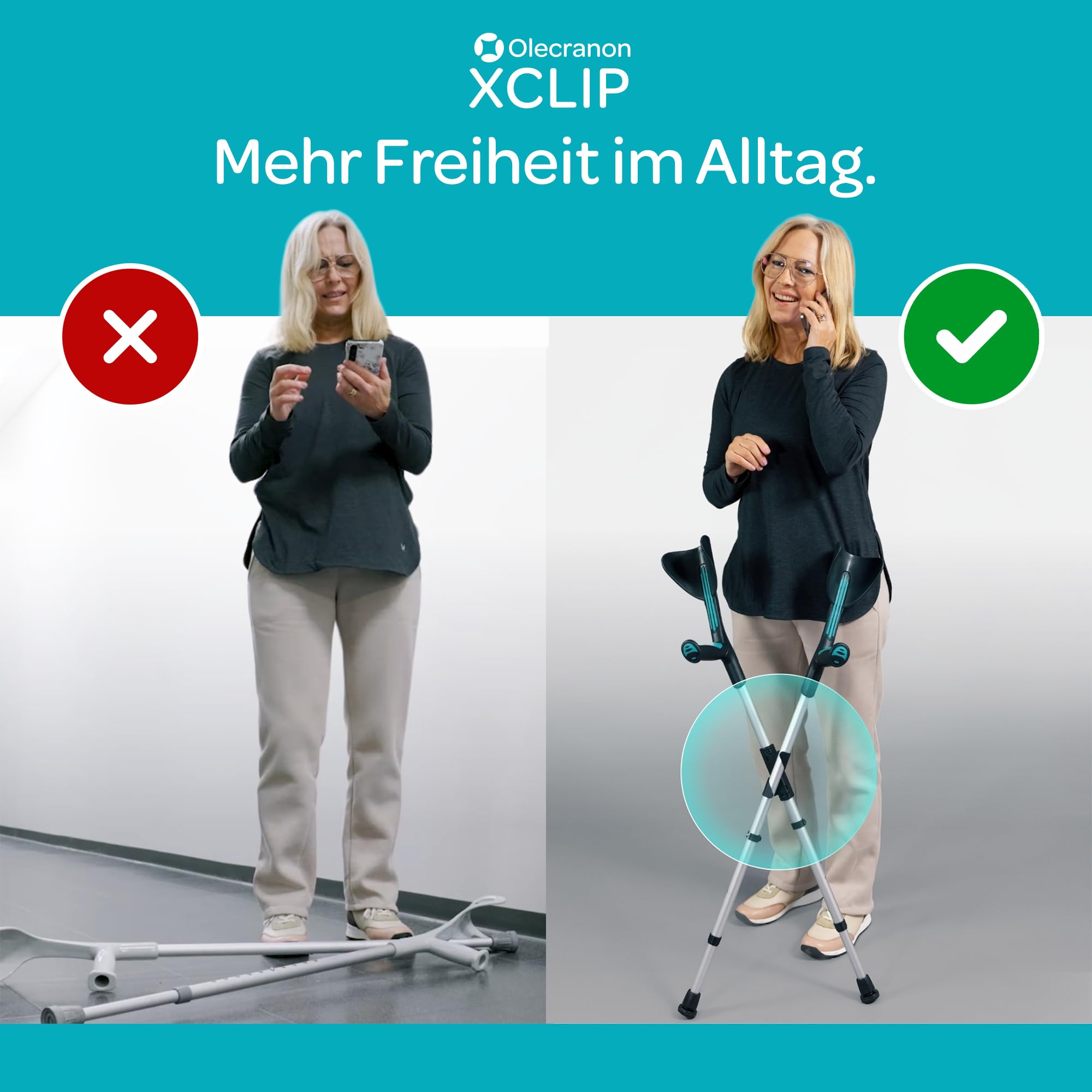 Unterarm Krückenhalter für Runde Gehstöcke, Halterung 64-72 mm | X-förmiges Design für Alltag und Reisen, leicht mitzunehmen, schnell zu befestigen und als Krücken zubehör griffbereit