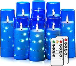 Flickering Flameless LED Candles,Battery Operated Candles 9 Pcs with Embedded Star String,Acrylic LED Pillar Candles with Remote,Suitable for Home Decoration to Create an Atmosphere (Blue)