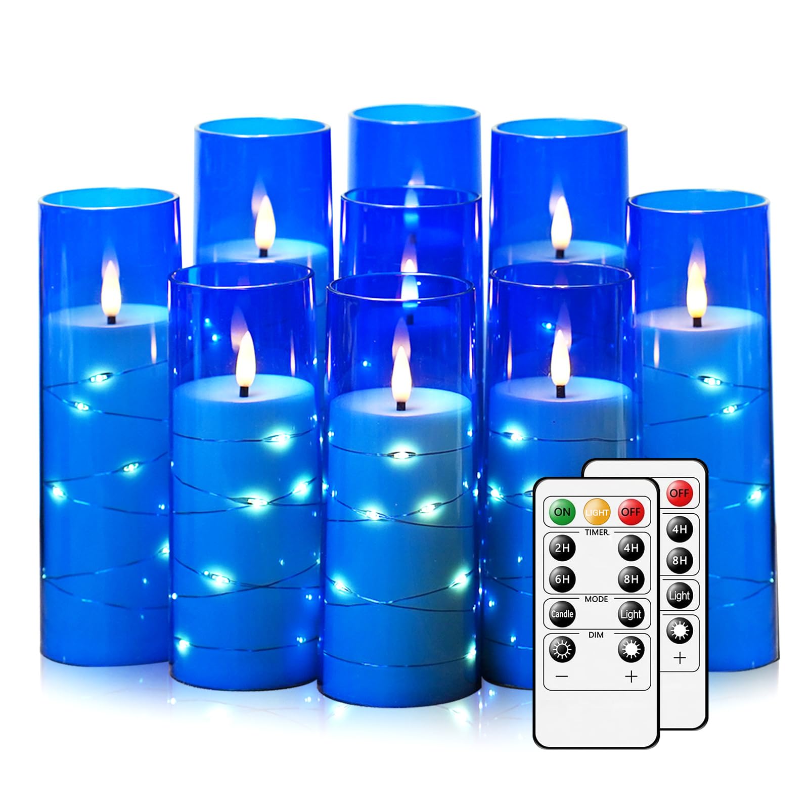 Nimiko Flickering Flameless LED Candles,Battery Operated Candles 9 Pcs with Embedded Star String,Acrylic LED Pillar Candles with Remote,Suitable for Home Decoration to Create an Atmosphere (Blue)