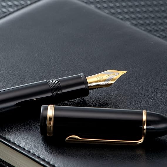 Jinhao X159 Black Acrylic Fountain Pen, Size 8 Extra Fine Nib Gold Trim Classic Design Smooth Writing Pen with Converter