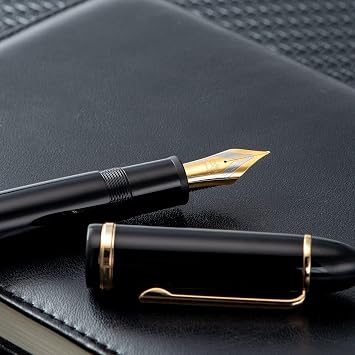 Jinhao X159 Black Acrylic Fountain Pen, Size 8 Extra Fine Nib Gold Trim Classic Design Smooth Writing Pen with Converter