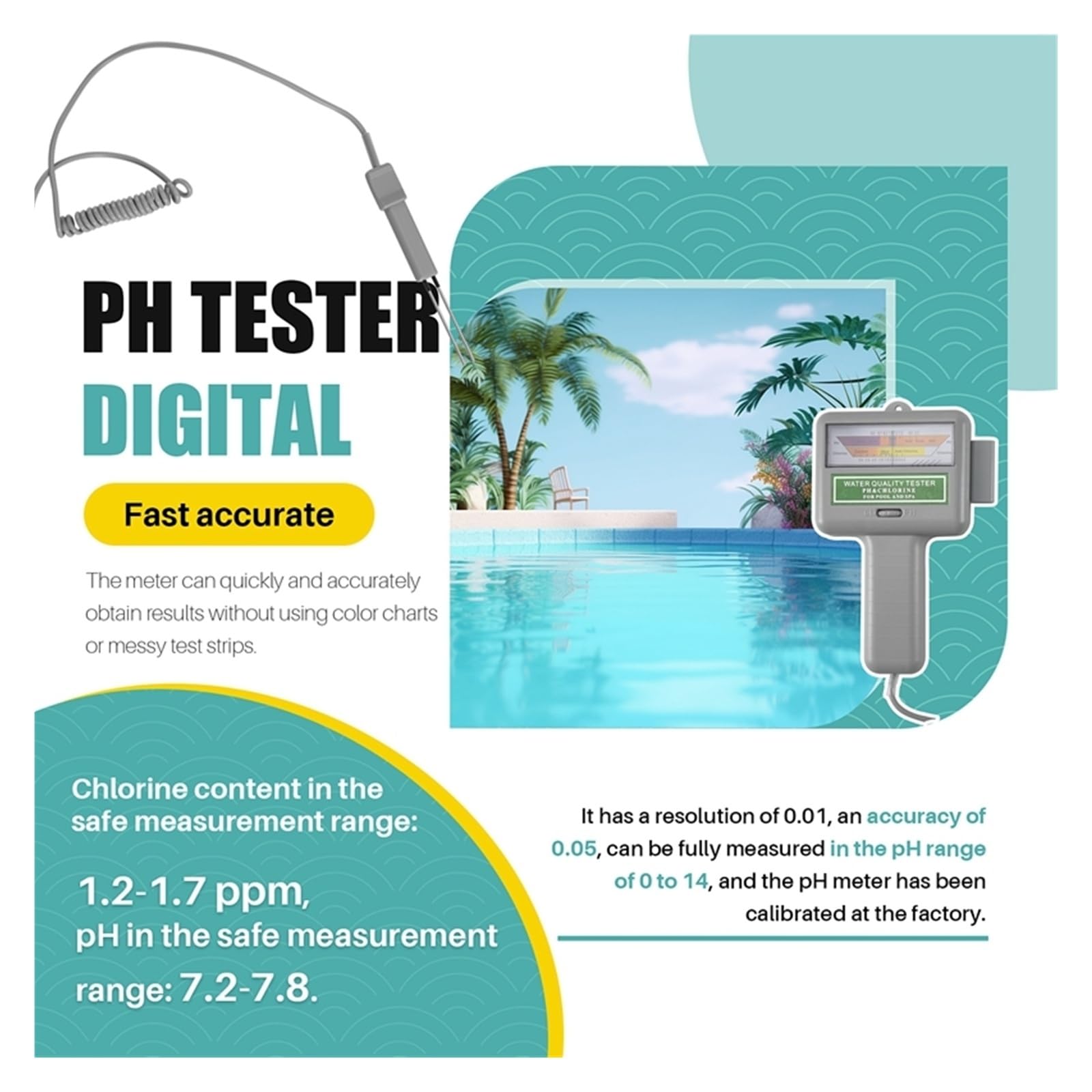 Tester della qualità dell'acqua Misuratore di pH dell'acqua, tester di cloro, misuratore di livello della spa, rilevatore di qualità della piscina, monitor di misurazione