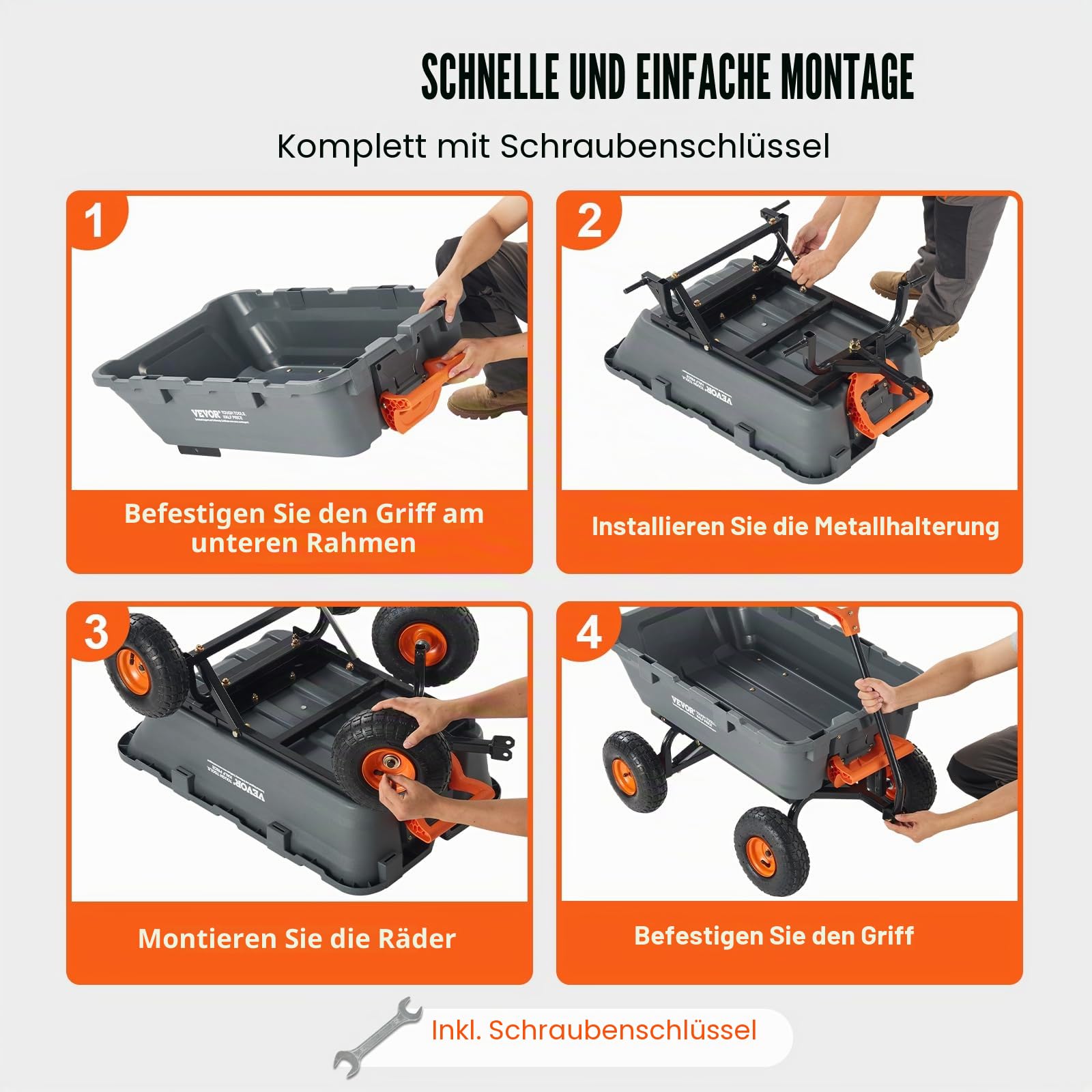 VEVOR Gartenwagen, Gartenkarre mit leicht zu montierendem Stahlrahmen, Kippbarer Transportwagen mit umwandelbarem 2-in-1-Griff, Mehrzweck-Schubkarre mit 360 kg Tragfähigkeit, 255 mm Reifen