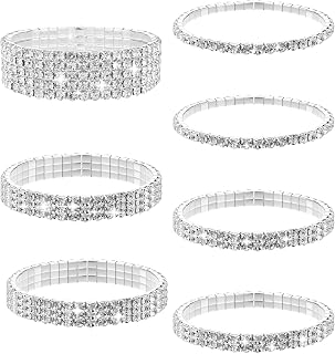 Yuomeaz 7PCS Silver Rhinestone Bracelet Set for Women - Sparkly Cubic Zirconia Bling Stackable Bracelets for Wedding Party Bridal