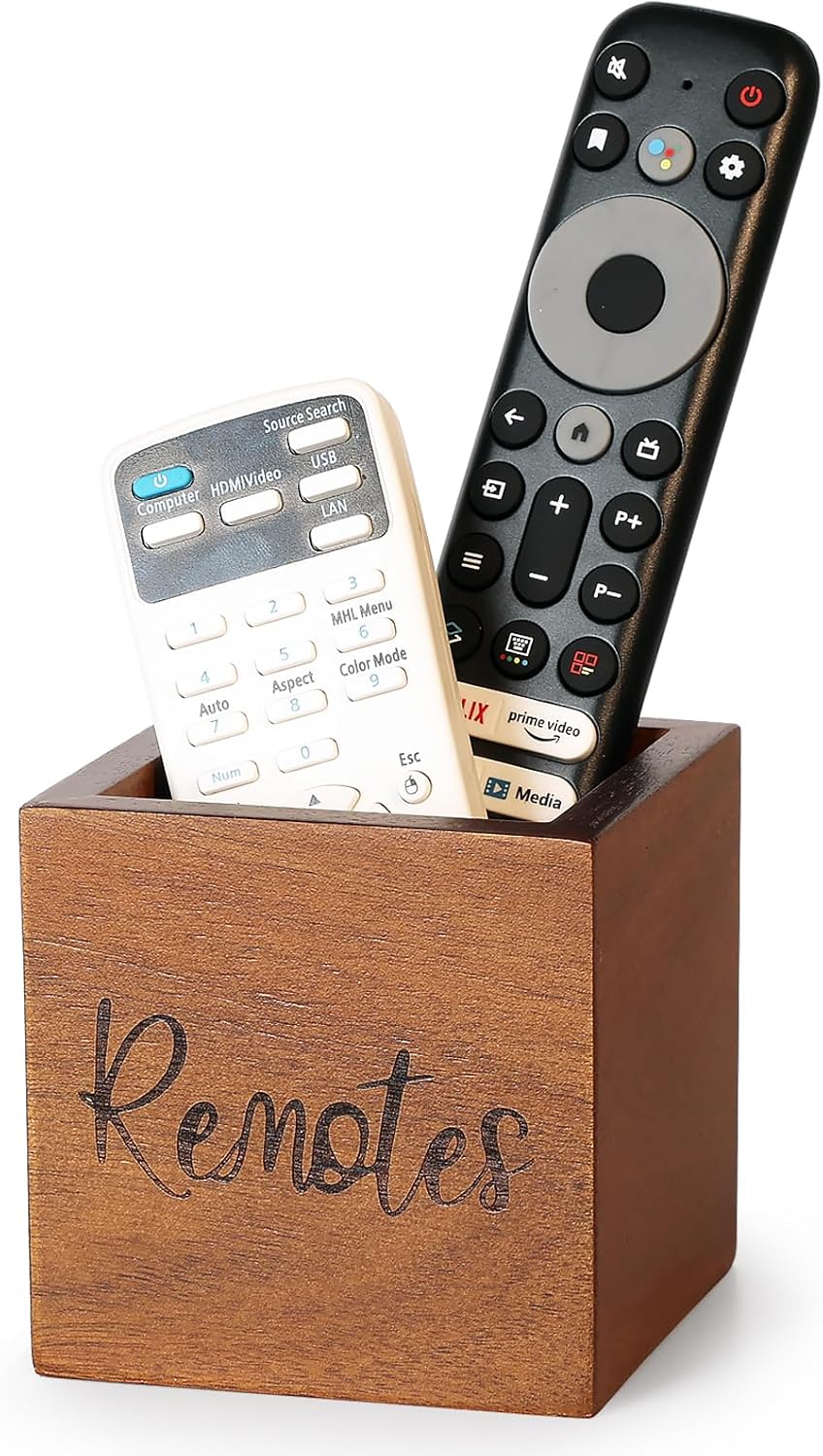 Remote Control Holder, Wooden TV Remote Holder for Table, Remote Organizer Caddy for Home Decor, Remote Box for Nightstand, Brown Labeled Remote, 3 Slot - 9.84 Inch