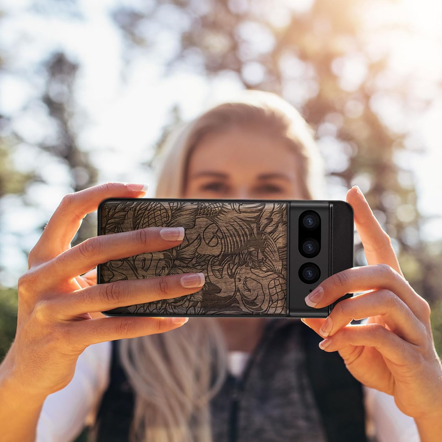 Carveit Wood Case for Pixel 7 Pro Case [Natural Wood & Black Soft TPU] Shockproof Protective Unique Wooden Cover Compatible with Google Pixel 7 Pro (Flowing Harmony-Walnut)