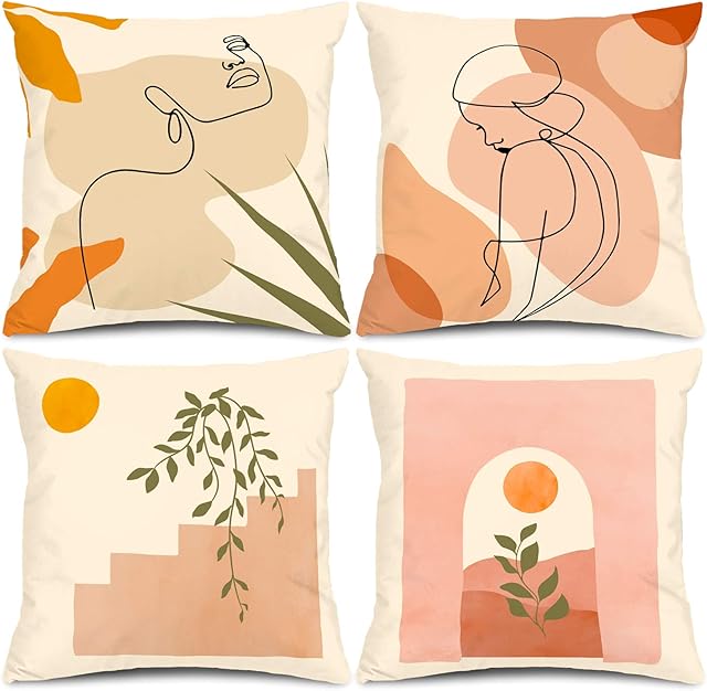 Whaline Abstract Line Pillow Case Minimalist Art Pillow Cover 18 x 18 Inch Women Face Throw Cushion Cover Double-Sided Design Decorative Pastel Suede Cushion Case for Home Office Car Sofa, 4 Pack