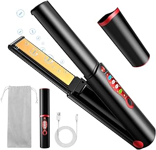 Cordless Titanium Hair Straightener and Curler, Mini Portable USB Rechargeable Fast Heat Up Flat Iron with 5V/5000mAh Battery, Anti-Scald 3-Level for Swift, Smooth and Glossy Hair, Travel Size (Black)