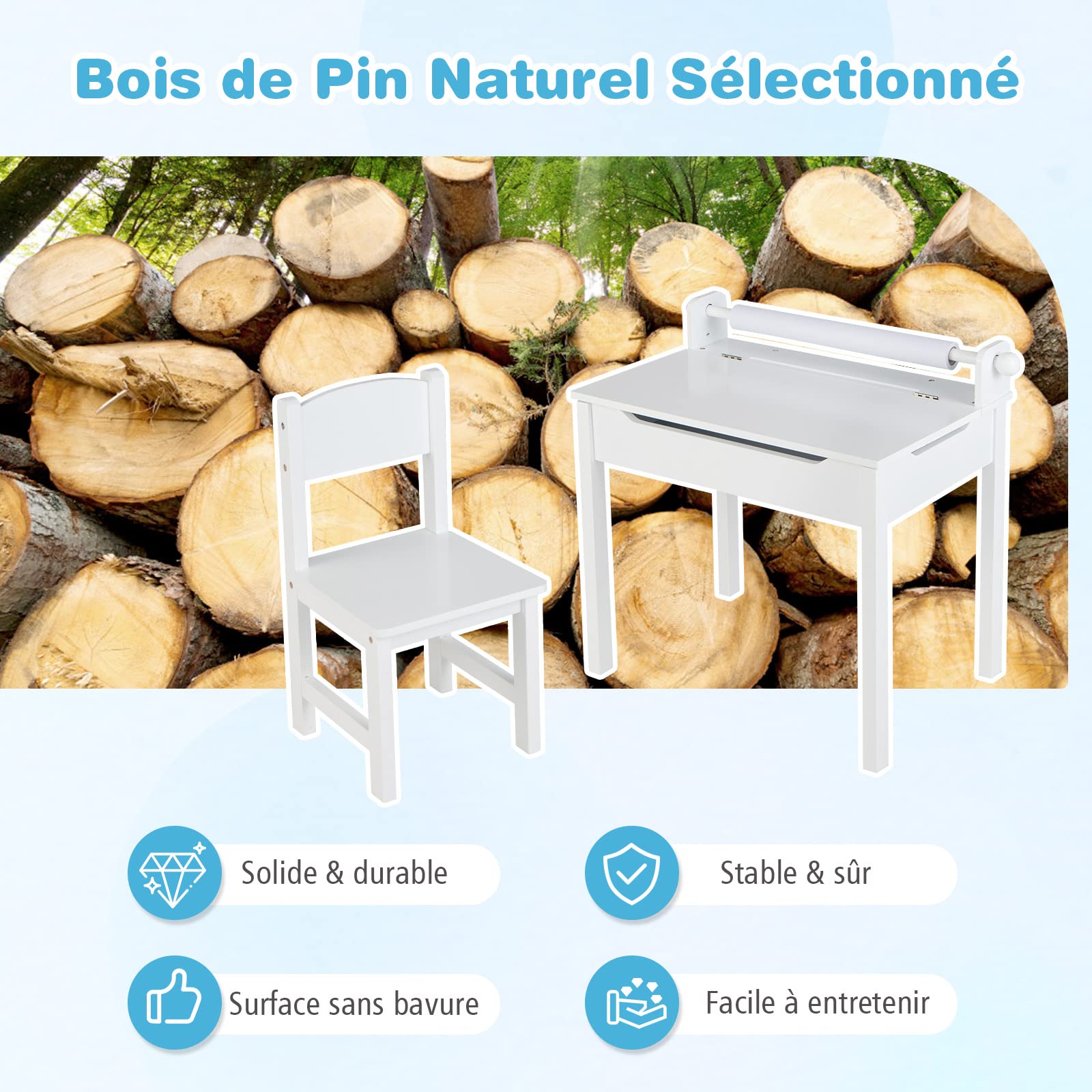 COSTWAY Bureau pour Enfants avec Tabouret & Plateau Rabattable, Table à Dessin en Pin Polyvalent avec Rouleau de Papier, Espace Caché, Poignées Découpées pour Enfants de 3 Ans+ (Blanc)