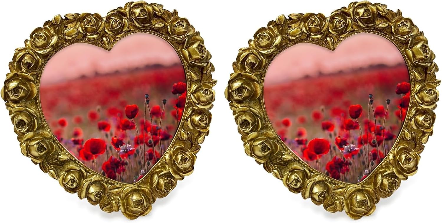 Isaac Jacobs 5x5 Gold Heart Shaped Rose Border Resin Frame, Photo Tabletop & Wall Display Hanging Display & Home Décor (5x5, Gold) (Pack of 2)