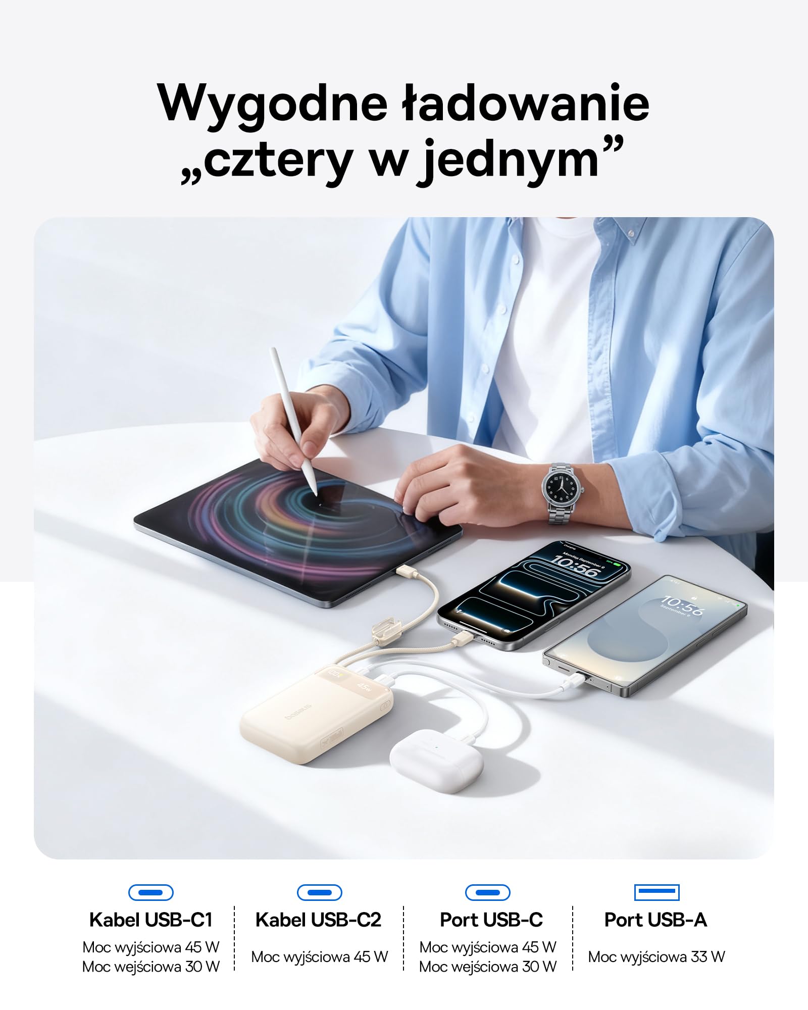 Baseus FC11 Power Bank 45 W 20000 mAh przenośna ładowarka z podwójnym wbudowanym kablem, mały powerbank CCC z inteligentnym wyświetlaczem, zwijany kabel, akumulator do iPhone'a 17/16, iPada, laptopa