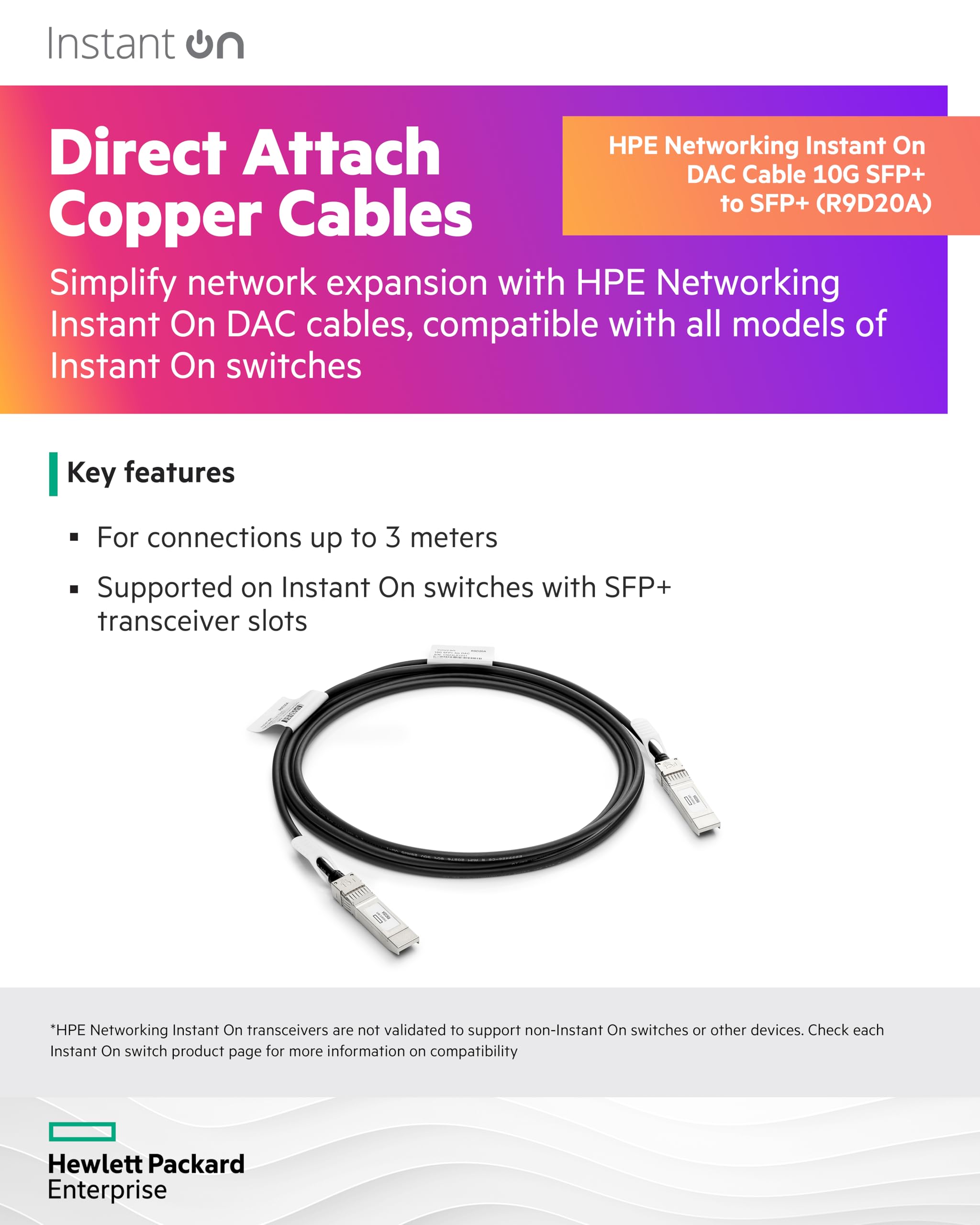 Aruba Instant On 10G DAC cable for connections up to 3 meters (R9D20A)