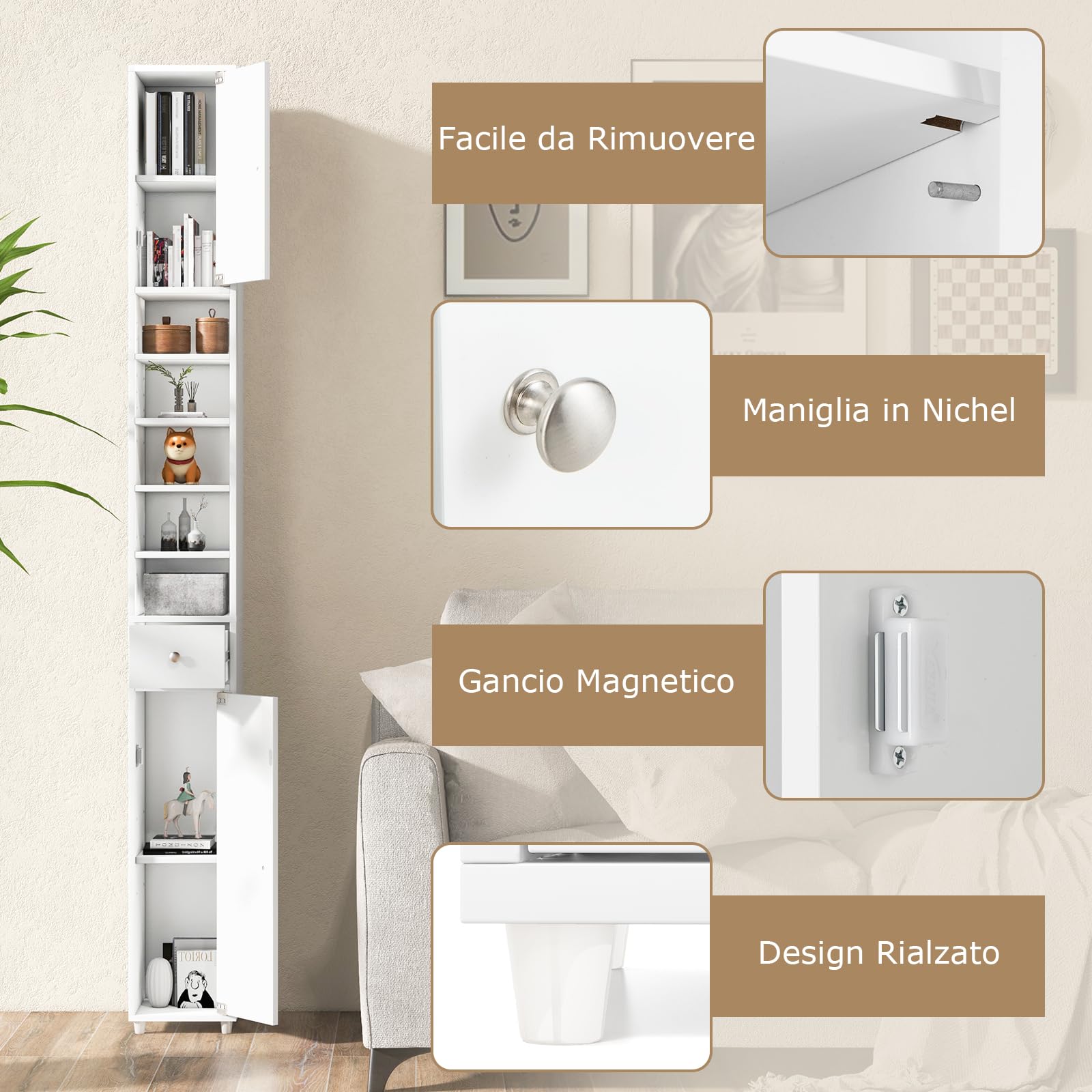 GYMAX Mobile da Bagno Stretto, Armadio Alto Portaoggetti, con 2 Ante, 1 Cassetto, 5 Ripiani Regolabili, Dispositivo Antiribaltamento, Colonna WC per Piccoli Spazi, 20x20x180 cm (Bianco)
