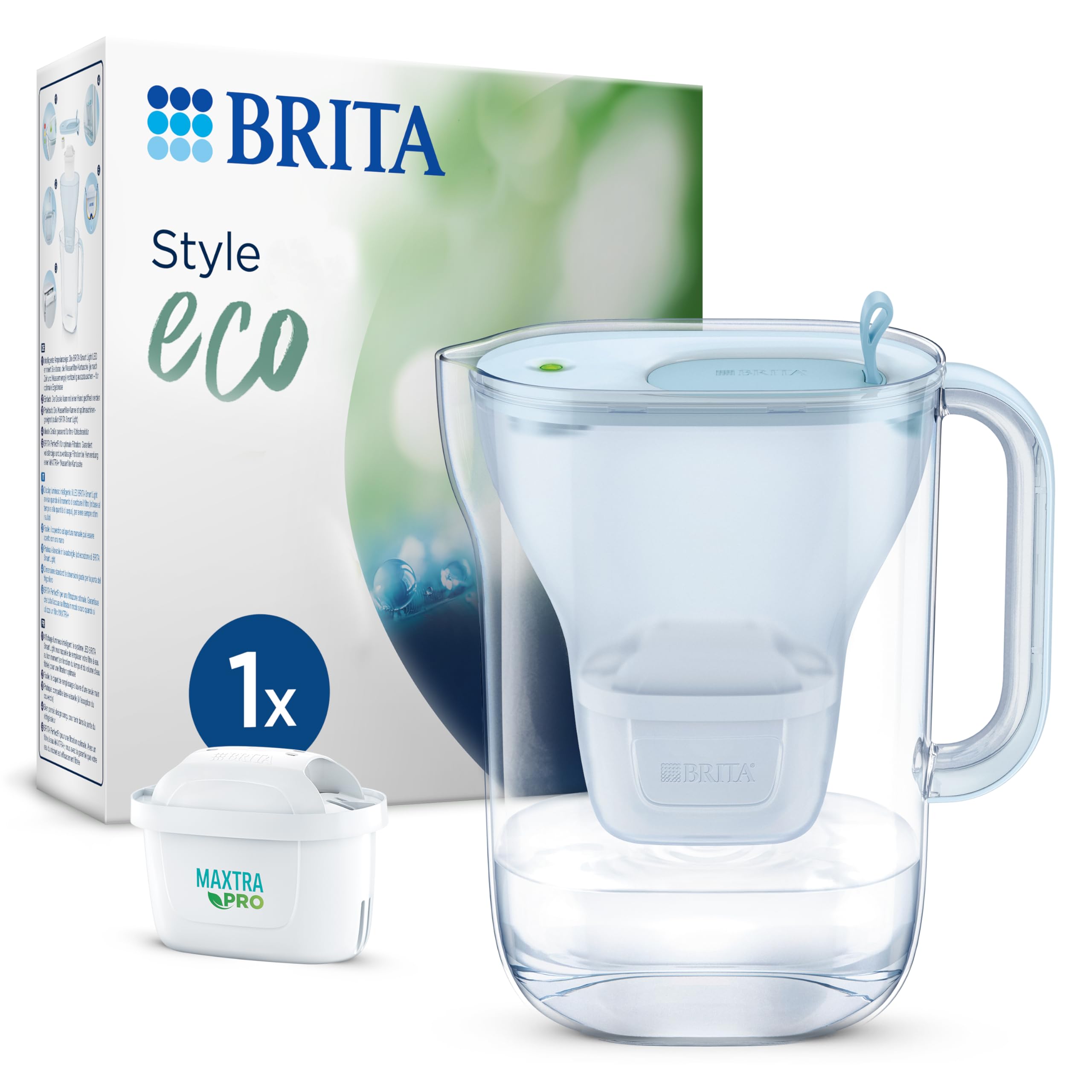 BRITA Wasserfilter-Kanne Style eco gletscherblau (2,4l) inkl. 1 MAXTRA PRO All-in-1 Kartusche nachhaltig/reduziert Kalk, Chlor & Verunreinigungen
