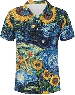 Mens Starry Night Polo Shirts Oil Painting Short Sleeve Cuban Golf Shirts