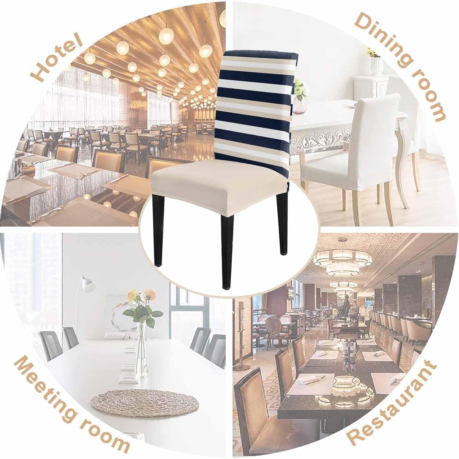 Navy Blue Khaki Dining Chair Cover Set of 4 Stretch Protectors Slipcover, Minimalist White Geometric Stripe Spandex Kitchen Chair Seat Back Cushion Slip Cover for Dining Room, Party, Hotel, Ceremony