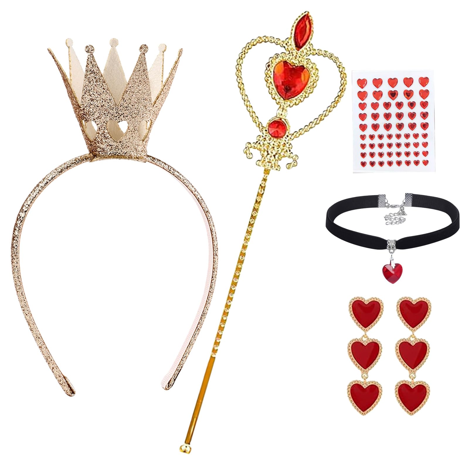 GWAWG 5 Pcs Red Queen Costume Accessories Set, Red Heart Collections, with Crowns, Wands, Earrings, Necklaces, Rhinestone Stickers, for Parties, Carnivals, Dress-Up Events
