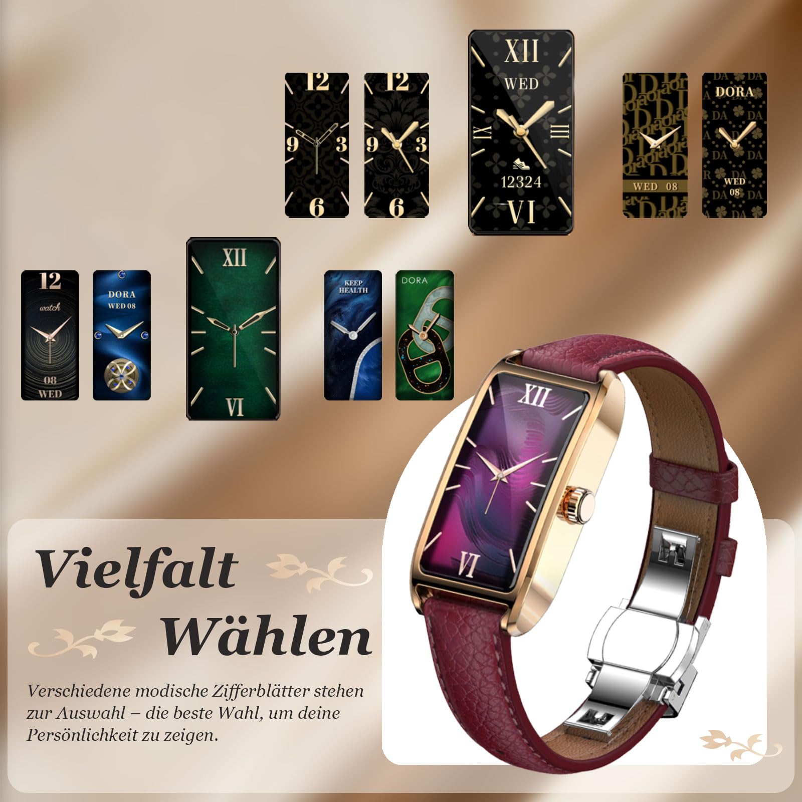 findtime Fitness Tracker Damen Schmal Elegant Luxuriös Classic Smartwatch Damenuhr Fitnessuhr für Frauen Aktivitätstracker Pulsuhr Sportuhr mit Herzfrequenz Schlafmonitor Schrittzähler Rechteckig Rot