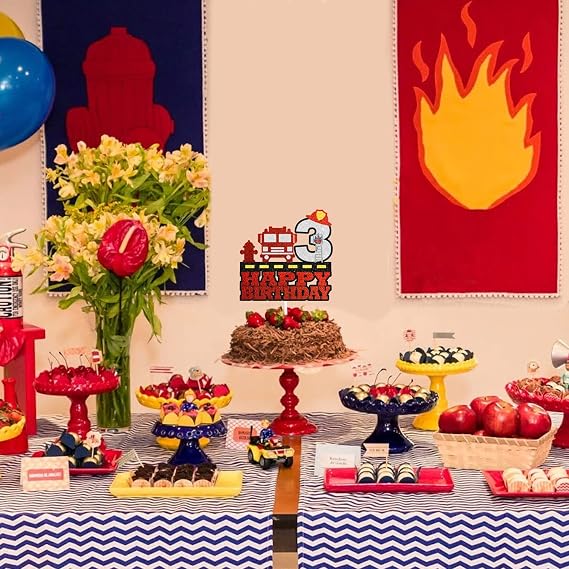 3rd Fire Birthday Cake Topper - Fire Themed Party Fire Truck Ladder Fire Hydrant Fire Hat Happy Birthday Decoration - SugarGera