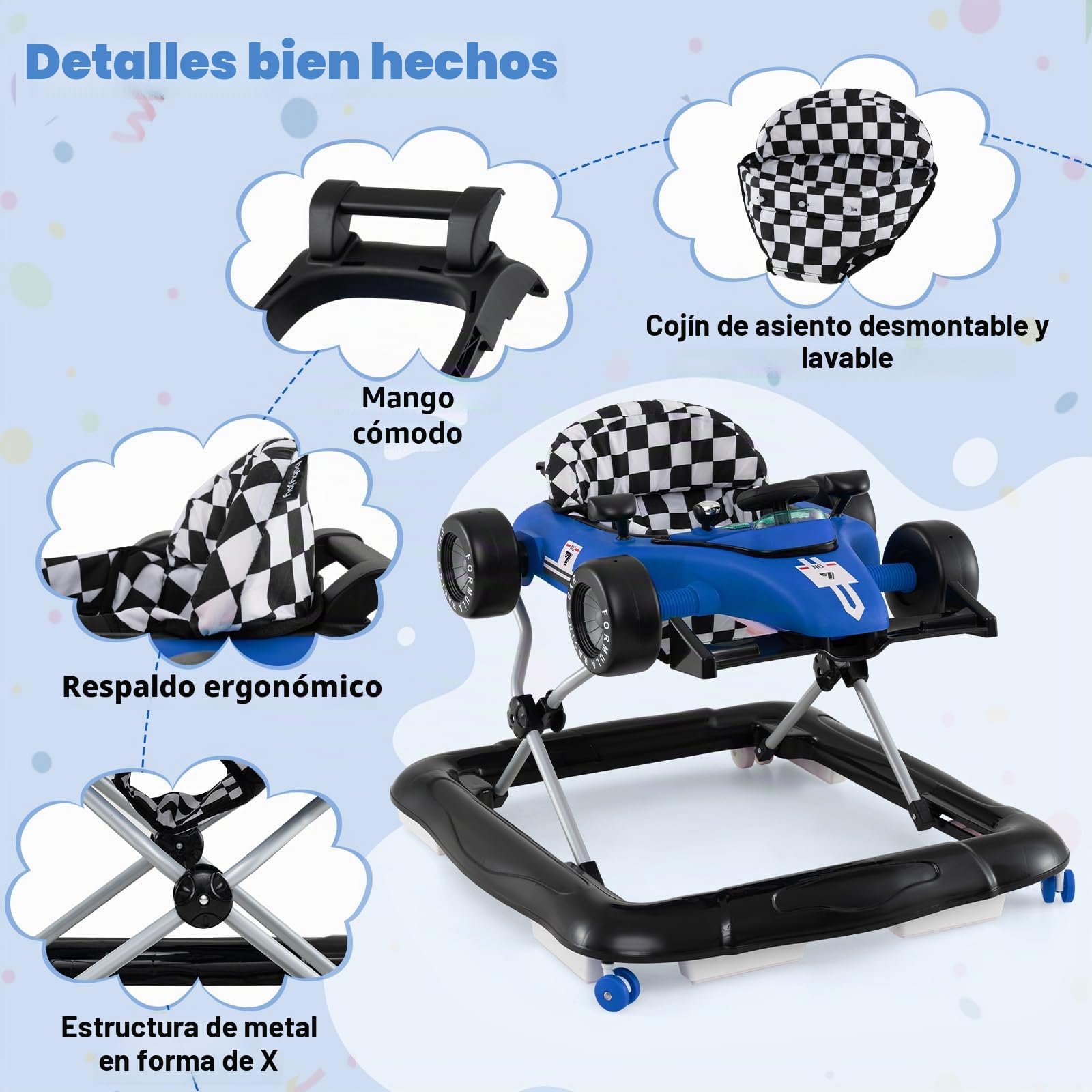 LIFEZEAL Andador Bebé 4 en 1 Escalable con 3 Alturas Ajustables, Carro Plegable con Ruedas Universales, Música y Luces, Andador Actividad para Niño Niña 6-18 Meses Carga 12 kg