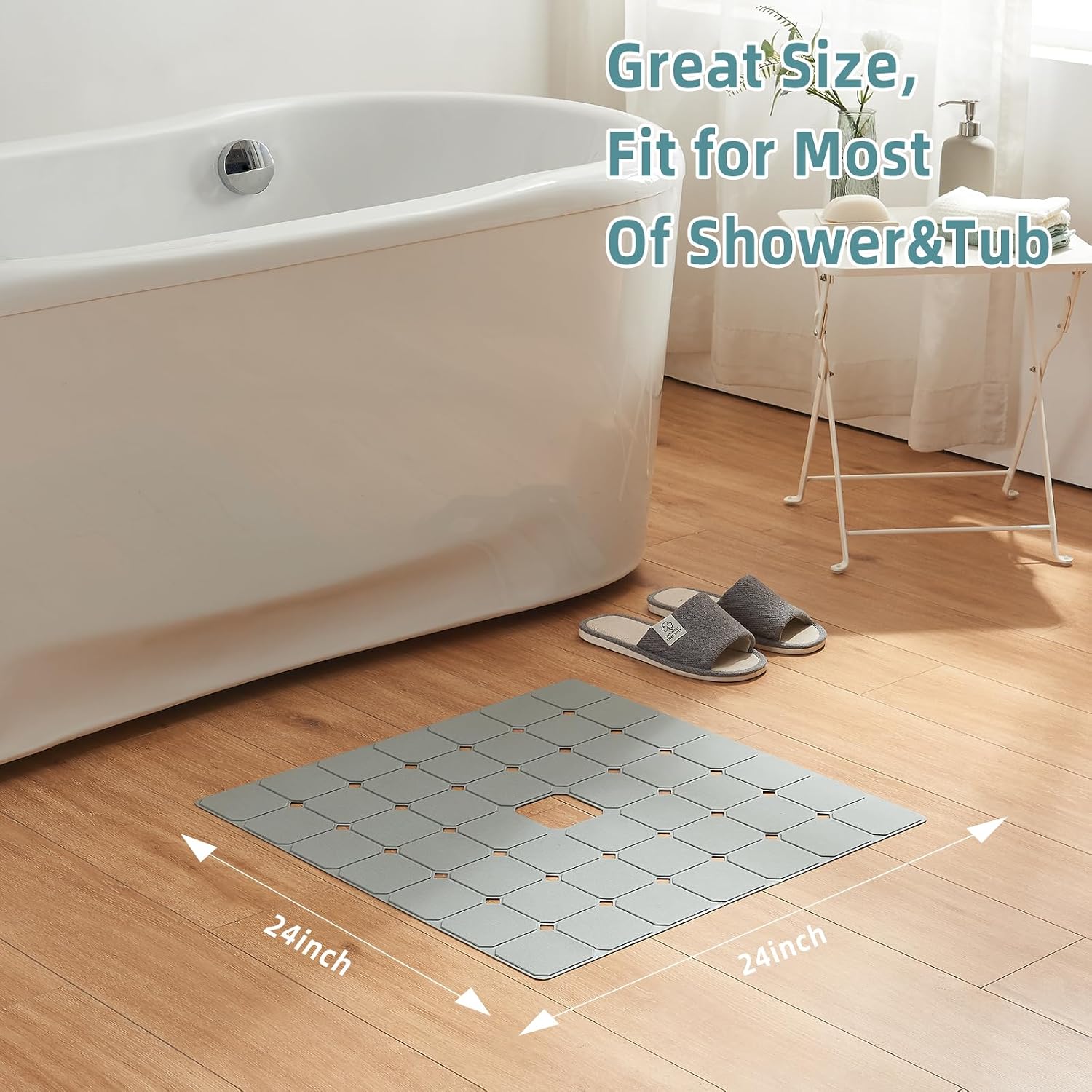 Shower Mat Non Slip Silicone Soft Odorless Bathtub Mat Non Slip No Suction Cups for Refinished,Reglazed and Textured Bath Tub Mat 24 X 24 Inch Grey