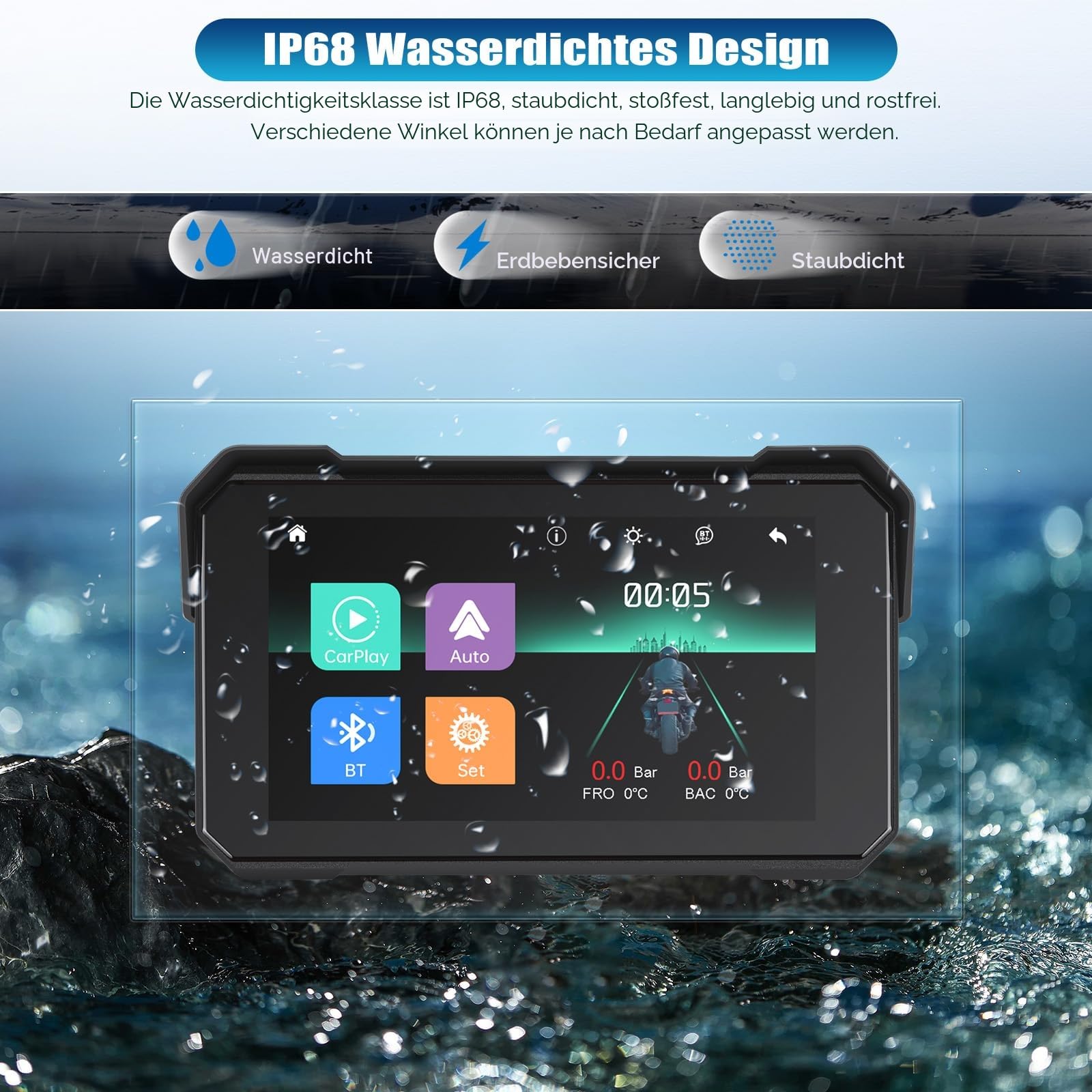 Motorrad Navigationssystem mit CarPlay Bildschirm, kabellosem CarPlay Android Auto, Tragbarem, Wasserdichtem 5 Zoll Touchscreen Motorrad Navigationssystem mit Bluetooth Siri