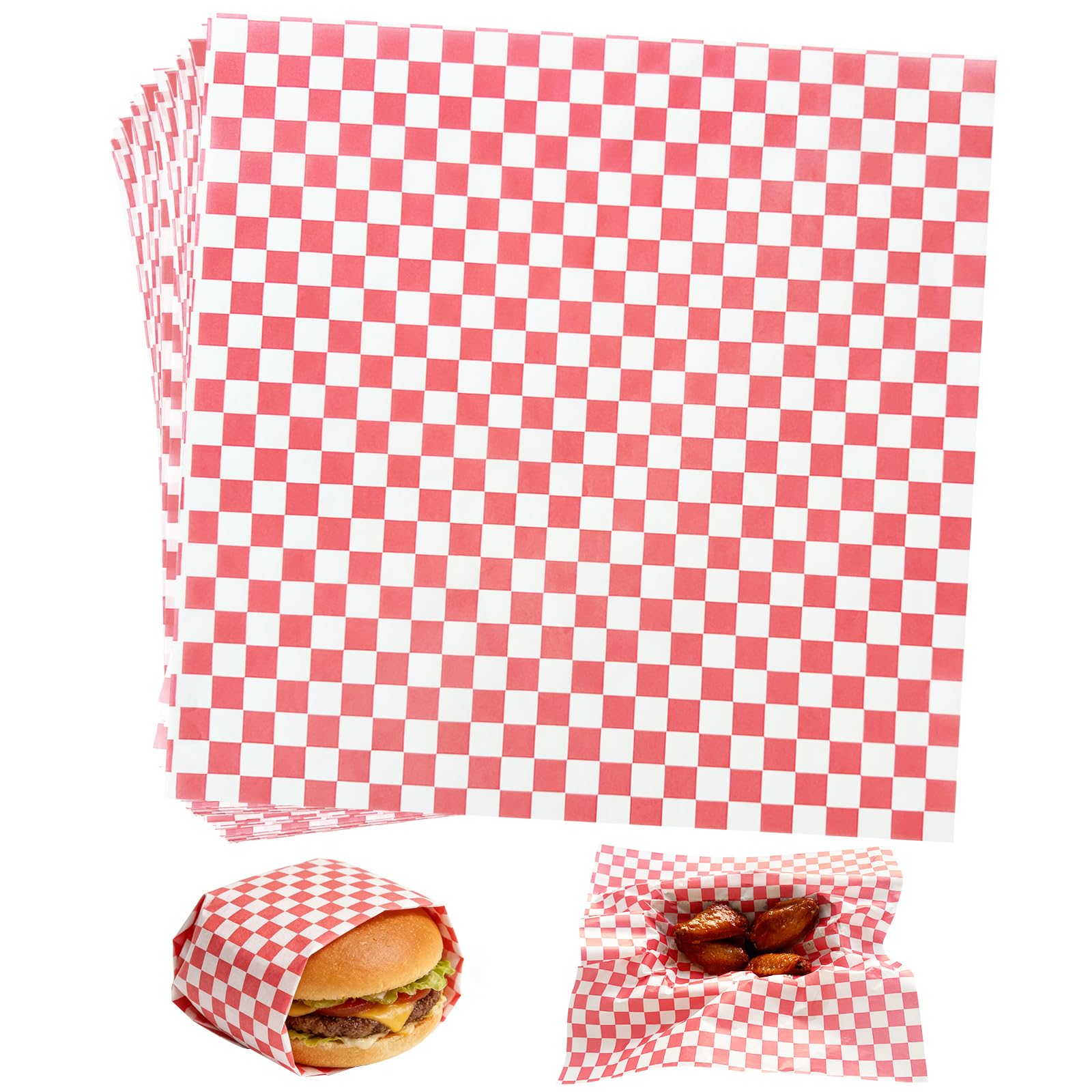 Abaigeal 300 PCS Greaseproof Paper Sheets for Food, Food Grade Wrap, Red Checkered Basket Liners Waterproof Wax Paper for Deli Hamburgers Sandwich Cake Fries& Air Fryer (30 x 30CM)