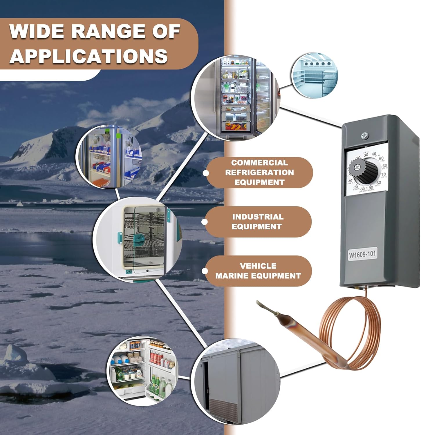 W1609-101 Refrigeration Thermostat Temperature Controller with Remote Bulb & 5 Ft Capillary – TH-1609 Model, Temperature Range: -30°F to 90°F (-34°C to 32°C)