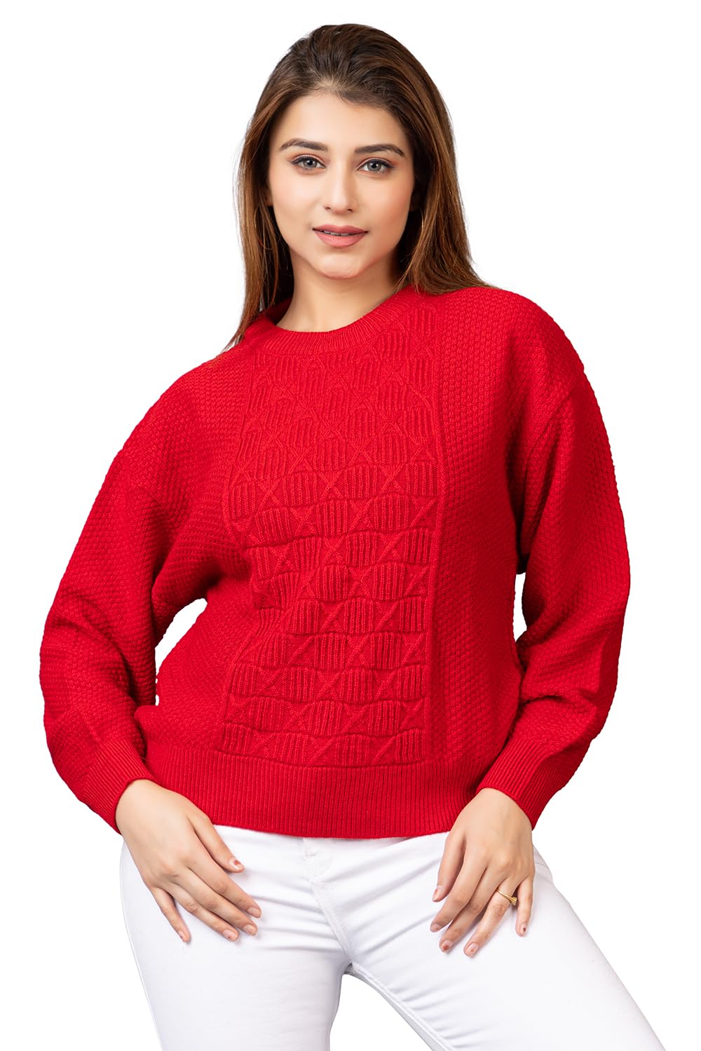 Women Round Neck Solid Full Sleeve Woolen Winter Pullover Sweater