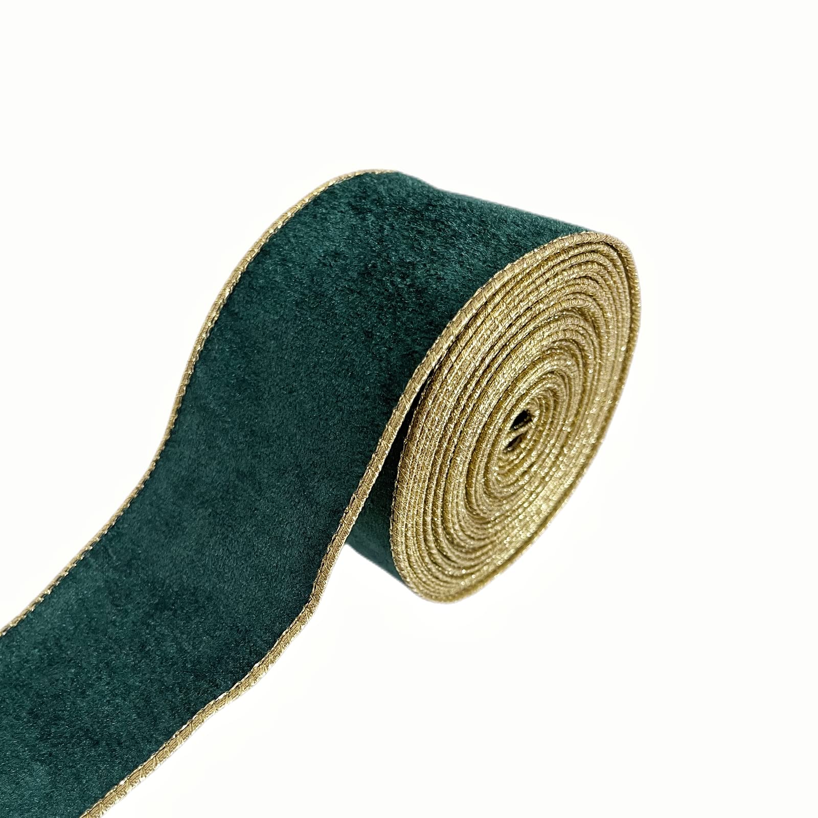 Christmas Velvet Wired Edge Ribbon, 2.5 Inch x 10 Yards Roll, Gold Glitter Edge Craft Ribbon for Christmas Wreaths DIY Gift Wrapping Bow Decoration, Green