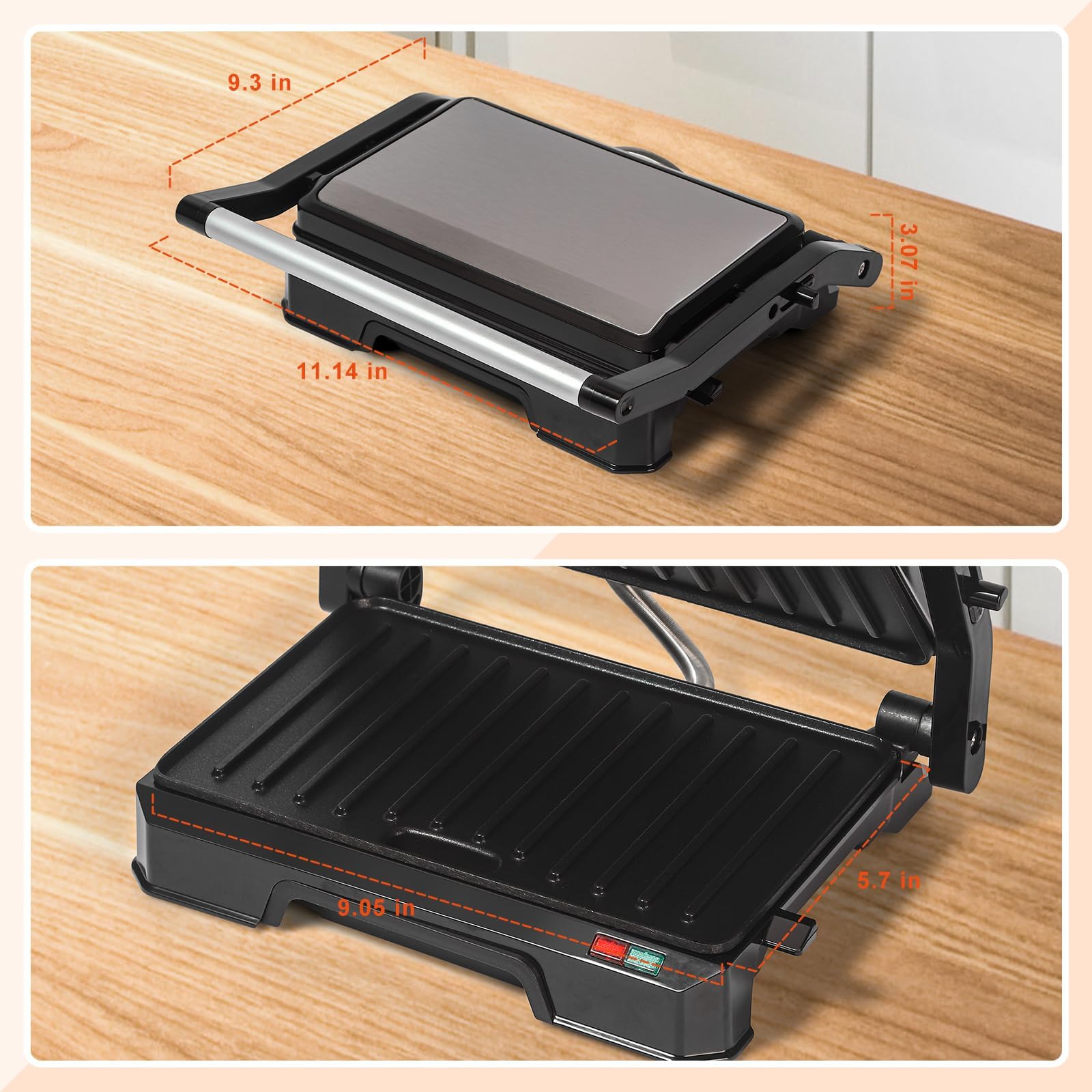 Sandwichera de prensa Panini pequeña, parrilla eléctrica 3 en 1 para sándwiches Panini, abierta a 180 grados para parrilla interior, perfecta para asar filetes, hamburguesas, sándwich, sartén 4