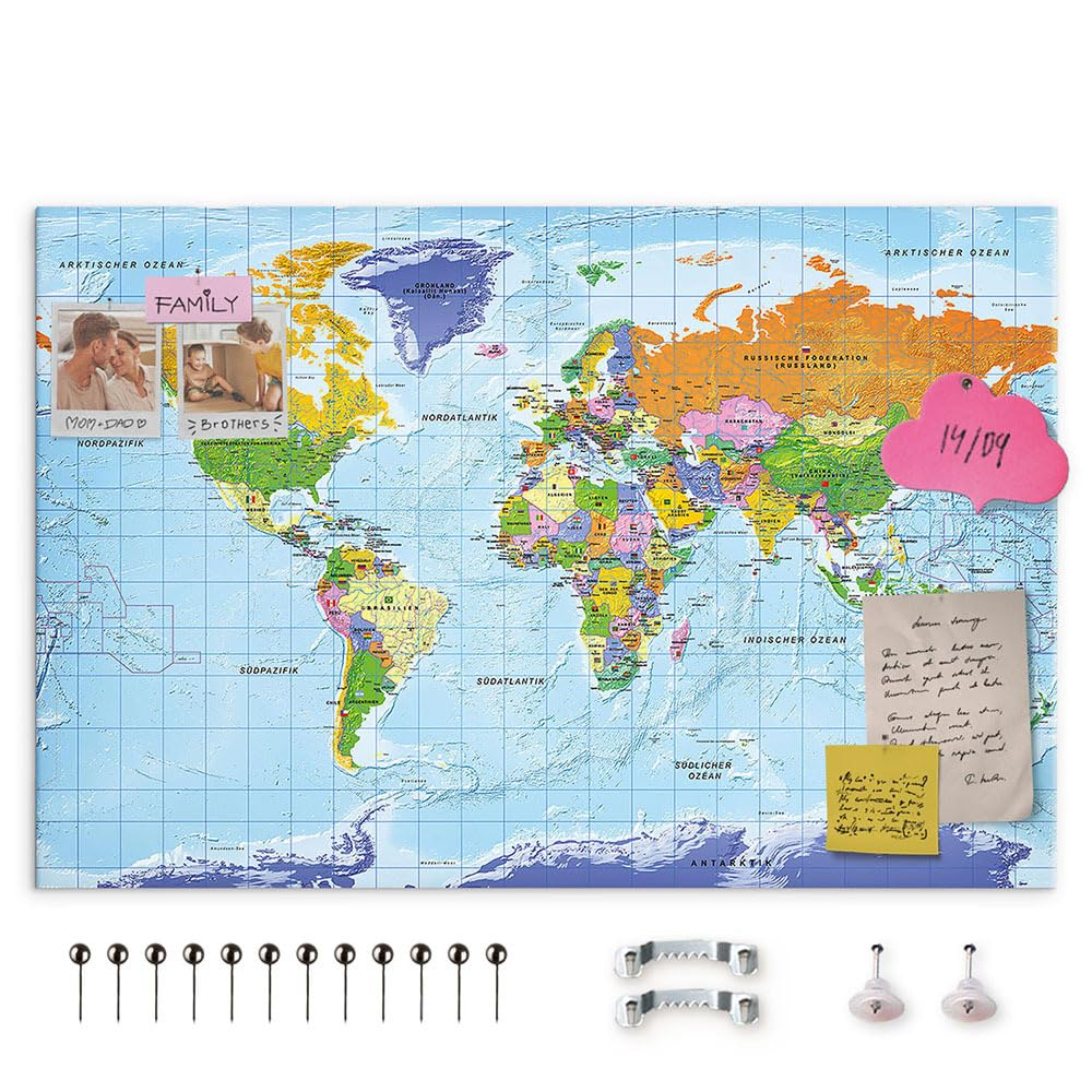 decomonkey Canvas World Map Pin Board with 50 pins - 35.4" x 23.6" / 90x60 cm Fibreboard Planisphere Push pin Travel Blue map Wall Art - German Lettering - Traveler's Home Bedroom Office Living Room โ image 1