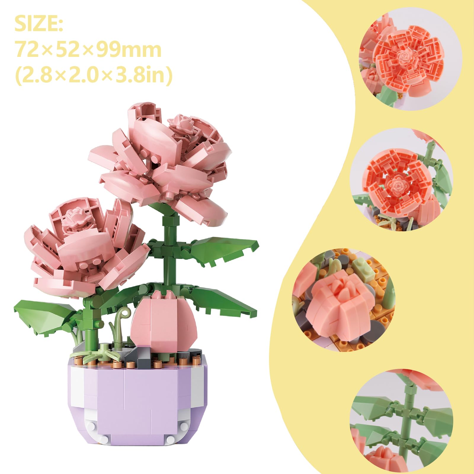 CYIOU 2 Pieces Mini Flowers Building Blocks Set Artificial Potted Flowers Blocks Botanical Collection Flower Home Decor for Adults Kids Ages 7+ (Rose 317 Pcs Sunflowers 367 Pcs) - Image 3