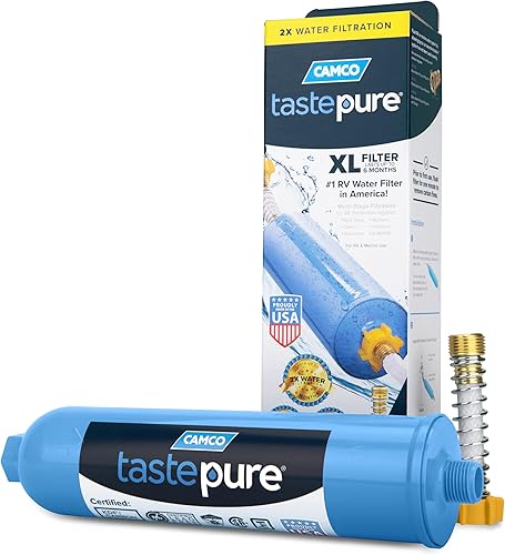 Camco TastePURE XL - Filtro de agua y protector de manguera para cámper RV Filtro de agua en línea que reduce el mal sabor, olor, cloro y más
