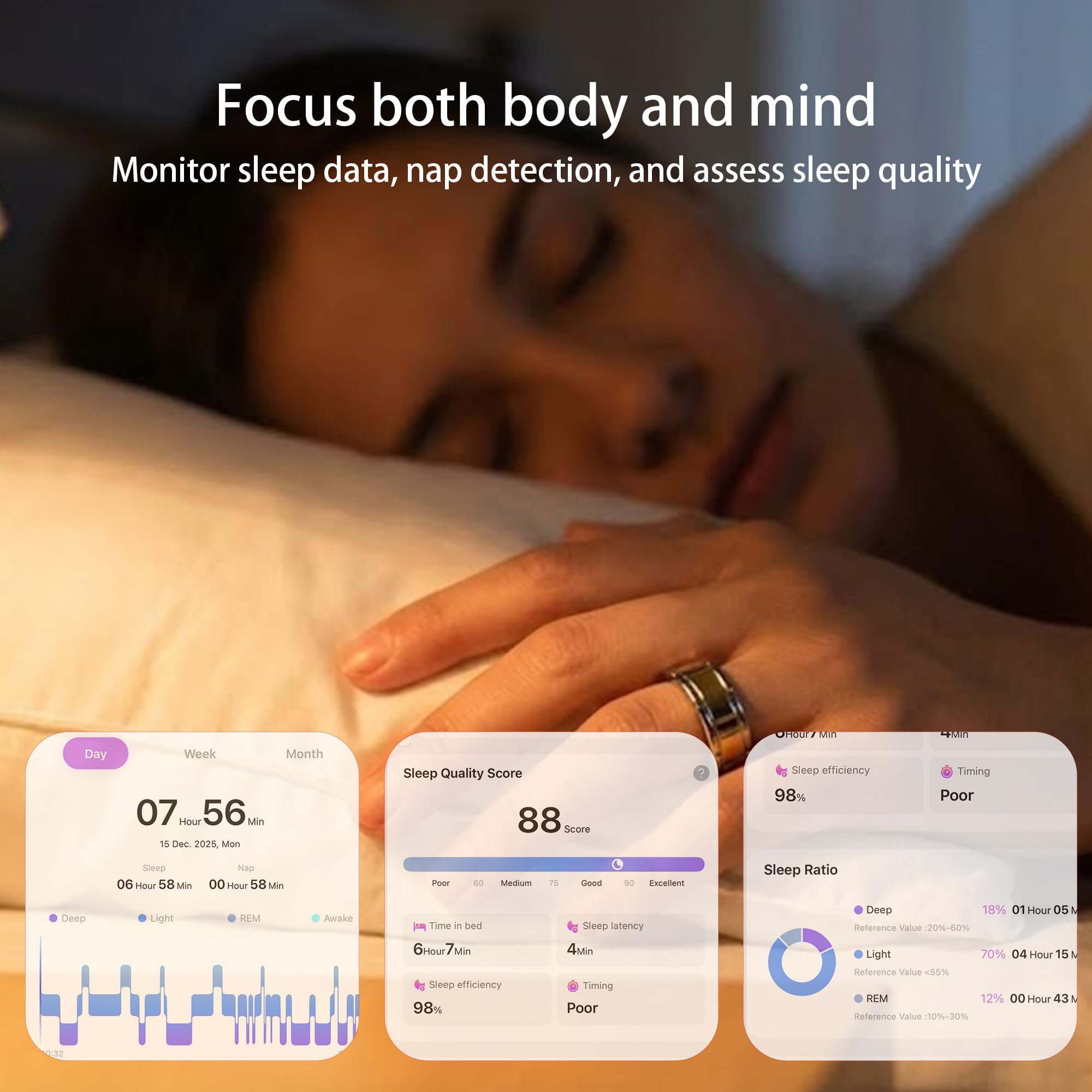 Smart Ring 1.0 pour homme/femme, pas de frais d'abonnement, autonomie de 7 à 8 jours, HRV/surveillance du stress/suivi du sommeil/fitness pour iOS et Android (noir brillant, 6)