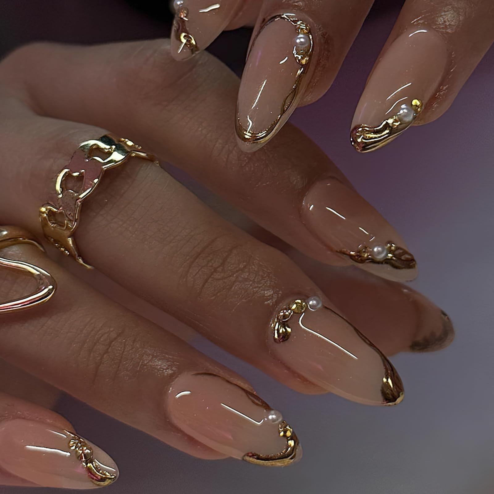 ROFIBUT Gold French Tip Press on Nails Medium Almond Fake Nails with Pearl Designs 3D Gold Edge False Nails Glossy Nude Glue on Nails Acrylic Nails