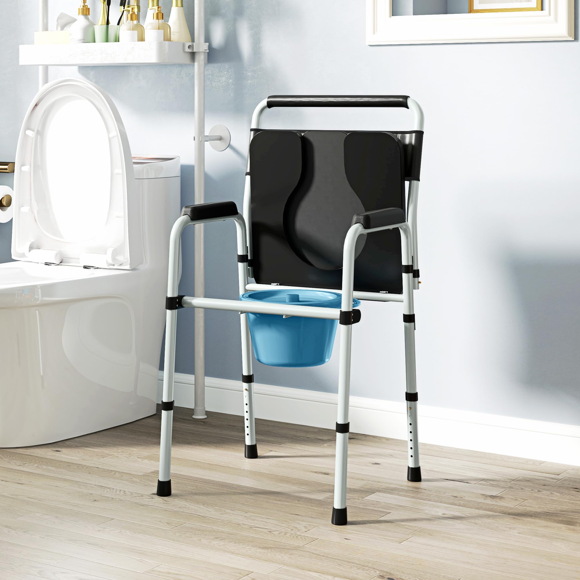 HOMCOM Sedia WC per Anziani Regolabile in Altezza su 7 Livelli 81.5-97cm con Secchio Rimovibile, Sedia Comoda WC Pieghevole con Braccioli e Schienale in Acciaio e Pelle PU, Capacità Peso 150 kg, Nero
