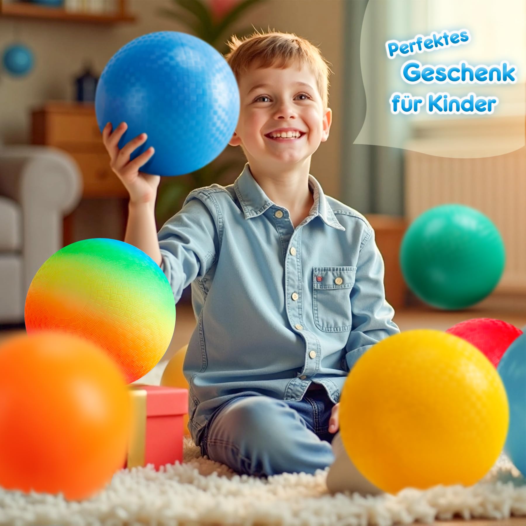 U&C Planet 12er Set Spielplatzbälle 21.5cm, Softbälle&Völkerball für Kinder | Regenbogen-Gummibälle für Dodgeball & Kickball – Rutschfeste Noppenbälle für Schulsport Garten Strand Pool, inkl. Luftpumpe