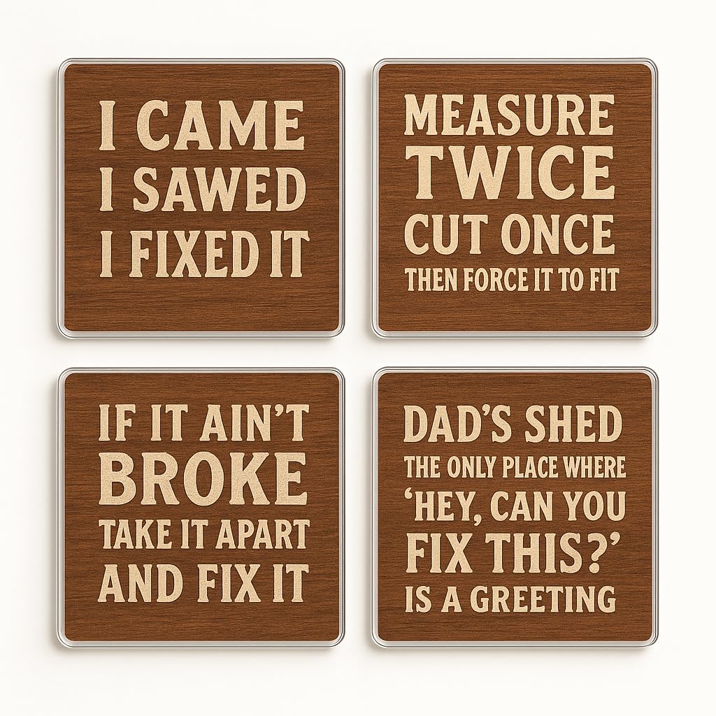 The Plum Penguin Dads Shed Humor Acrylic Coaster Set Of 4 With Rustic Dad Jokes - Humorous Shed-Style Decor To Diy Enthusiast