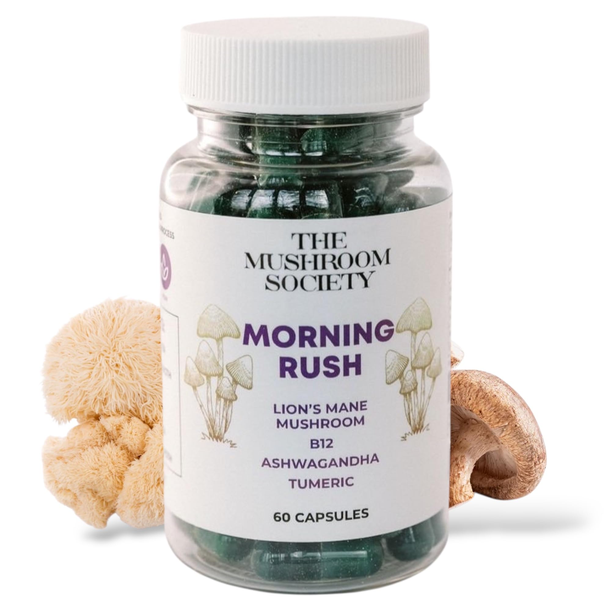 The Mushroom Society Suplemento de Cogumelos com Lion's Mane, ashwagandha, cúrcuma e vitamina B12, 60 cápsulas veganas