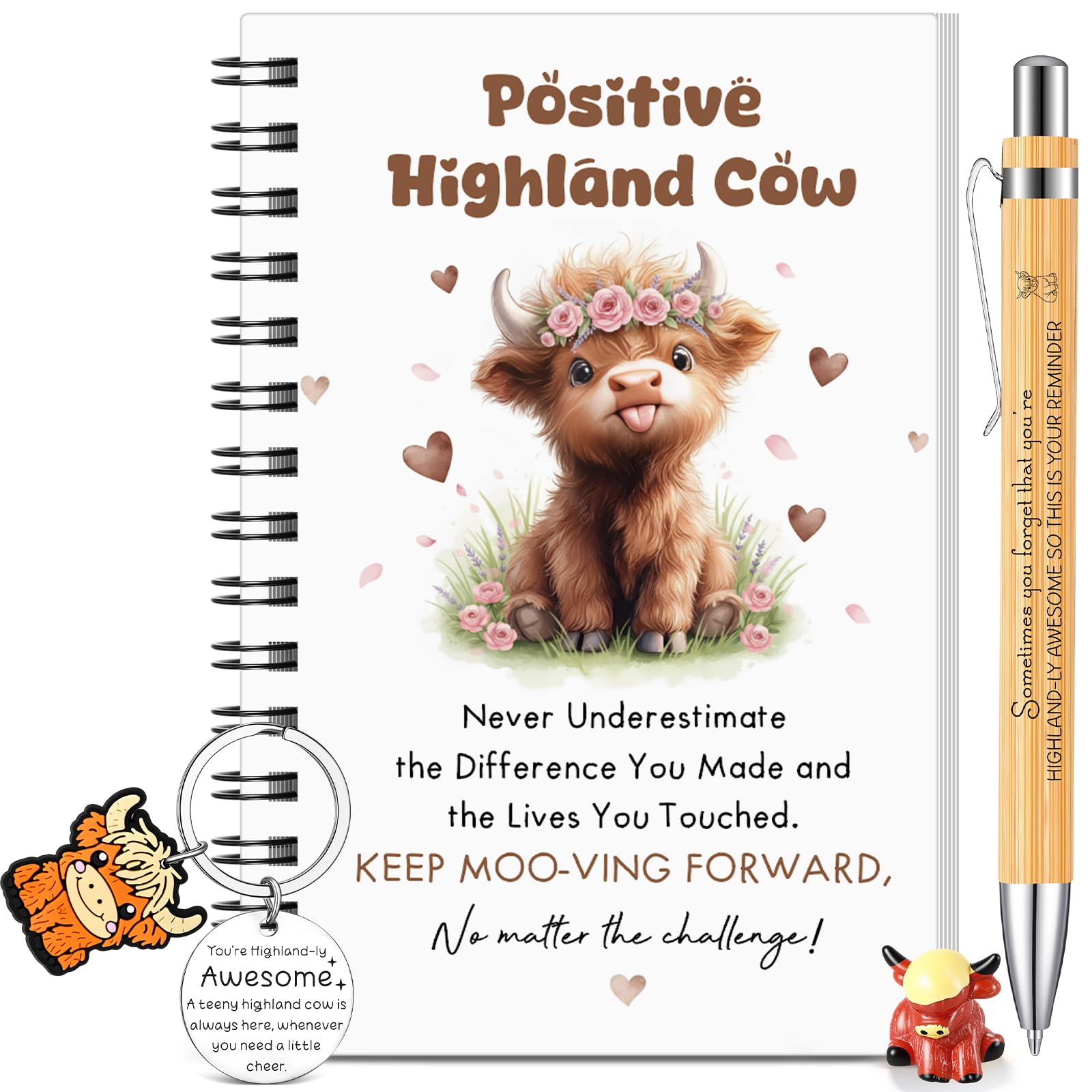BBTO 4 Pcs Positive Highland Cow Gifts Set for Women Appreciation Gifts Include Highland Cow Notebook Ballpoint Pen Motivational Keychain for Employees Friends Birthday Gift