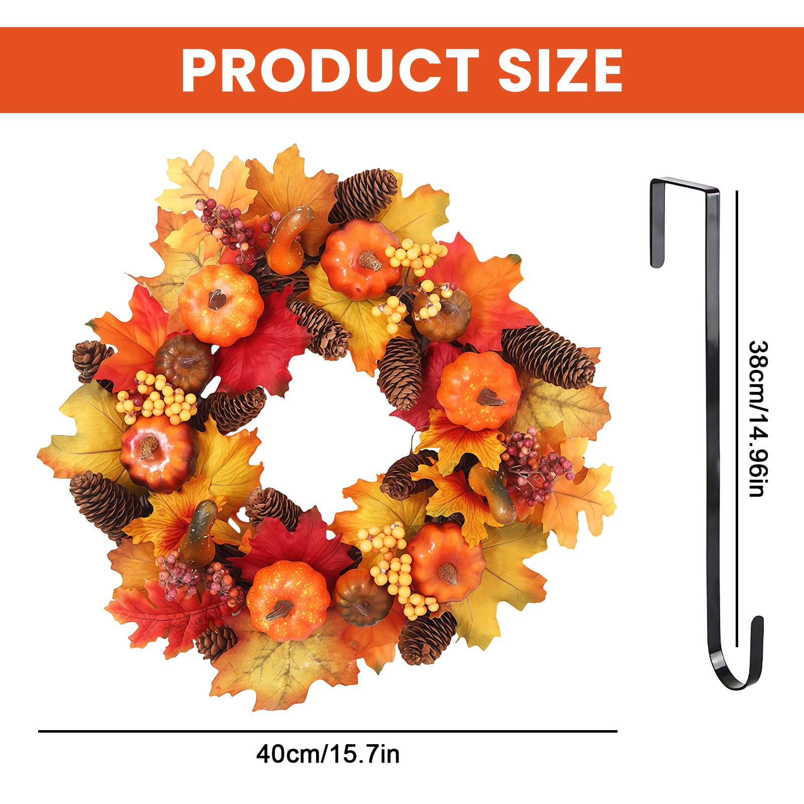 Corona de puerta para otoño exterior, 40 cm, calabazas con calabazas artificiales, hoja de arce, baya, piña, corona de otoño para puerta de casa, corona artificial de otoño, hoja de arce para