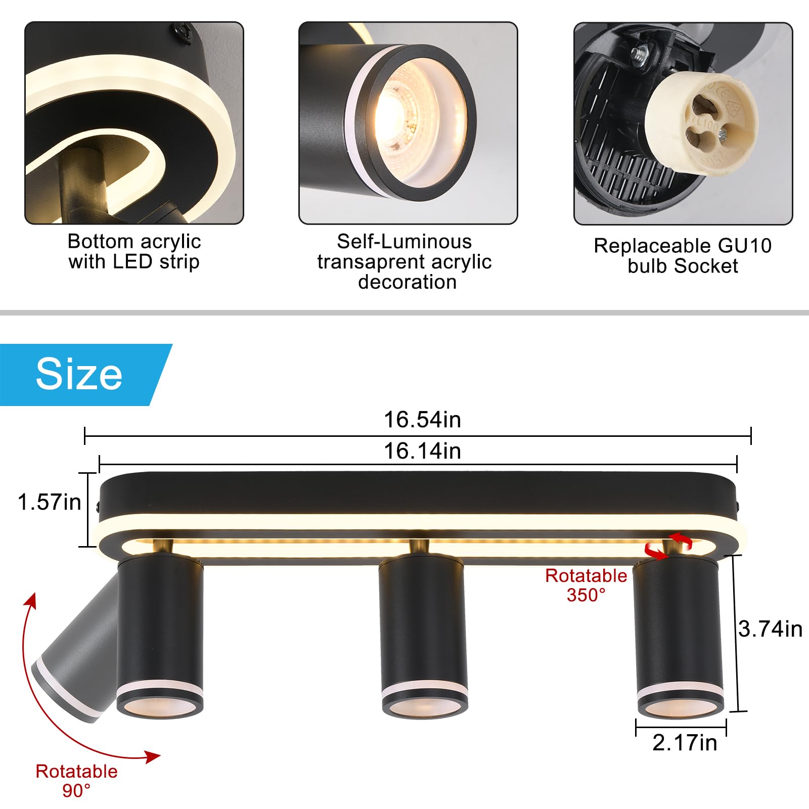 SANSHI Faretti da Soffitto Orientabili Interno LED 3 Luce,Faretti da Parete con Inferiore 27W+3x5W,GU10 Lampadario Faretti,Moderna Plafoniera Faretti Bianco Caldo 3000K per Cameretta Cucina Barra,Nero